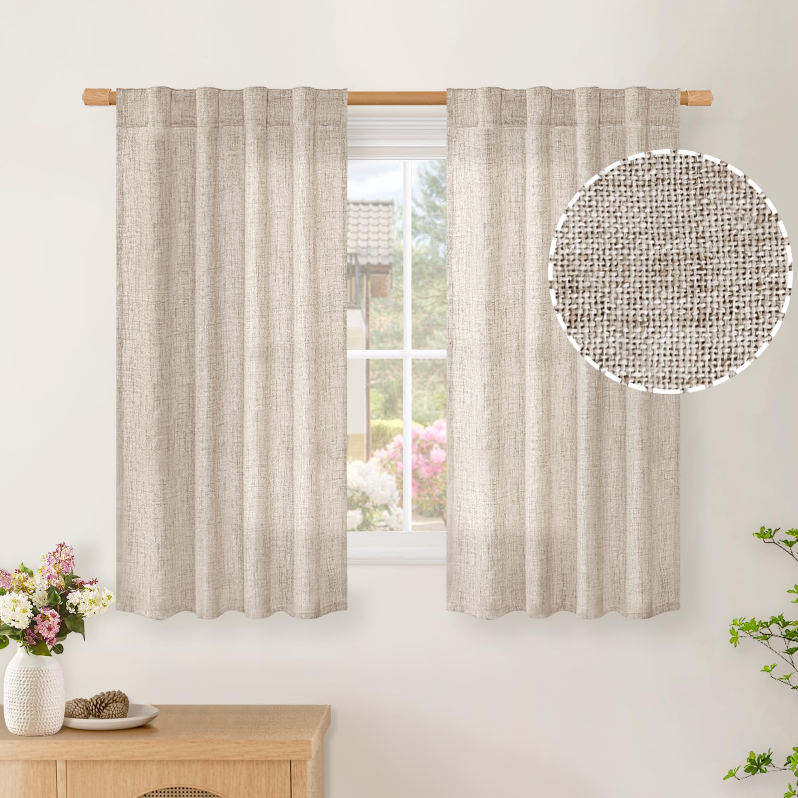 BGment Long 102 Inch Length Linen Curtains for Living Room, Natural Rod Pocket Textured Burlap Drapes Rustic Country Light Filtering for Bedroom Semi Sheer Back Tab, 2 Panel, 52 Inch Wide Each Panel