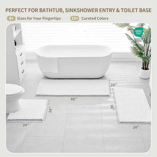 Bathroom Rugs Non Slip Washable 70x24, Extra Thick Soft Chenille Absorbent Bath Mat, High Density Barrier Non Slip Backing, Quick Dry Plush Shaggy Floor Carpet for Tub&Shower, White