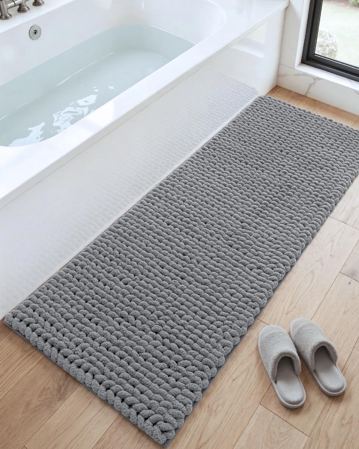 DEXI Bathroom Rugs 24x43, Non Slip Washable Bath Mat, Luxury Chenille Super Absorbent Ultra Thick Bathmats for Shower Floor, Plush Fluffy Shaggy Carpet for Tub, Beige