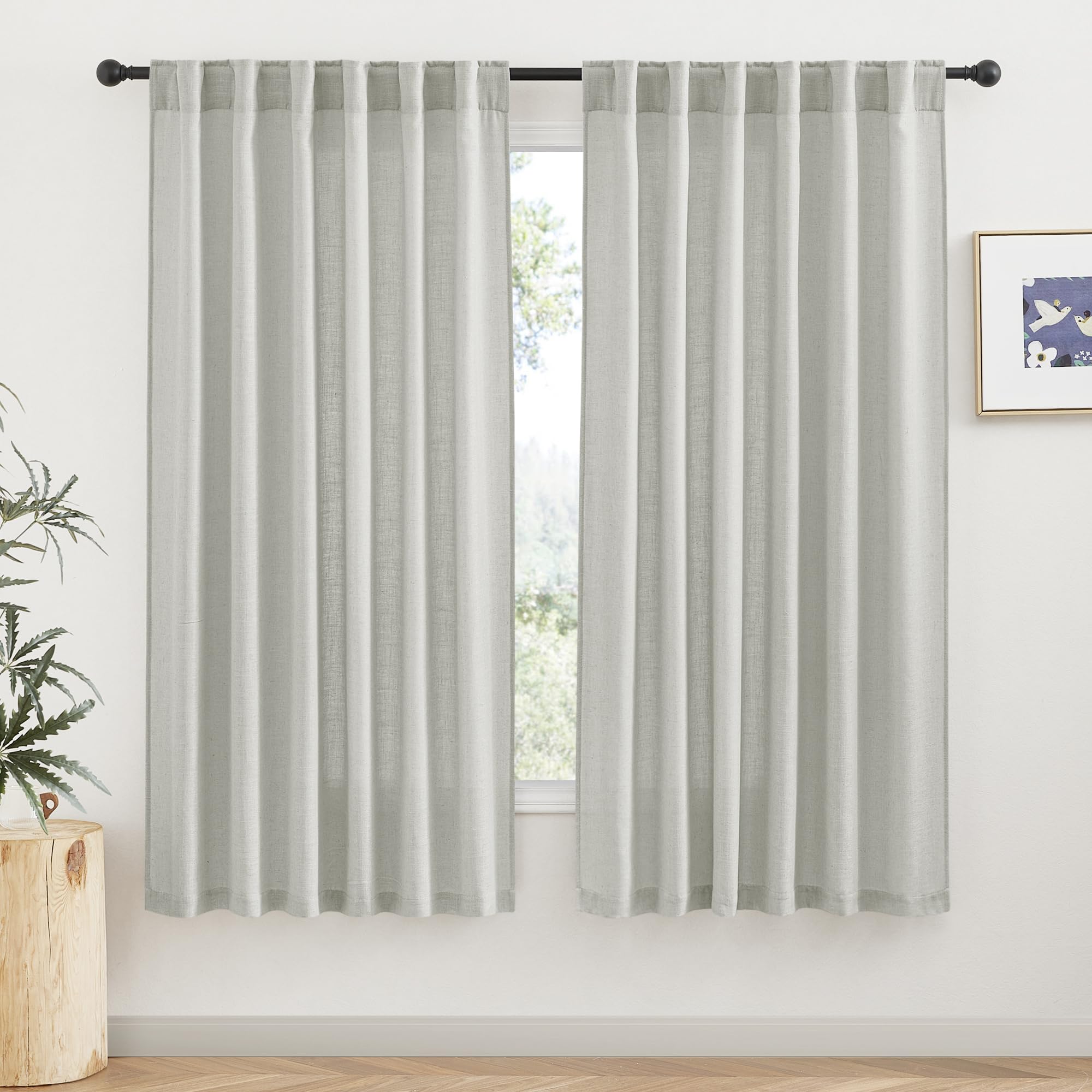 RYB HOME Farmhouse Sheer Curtains 108 inch Length, Semi Sheer Curtain & Drapes Large Window Dressing Lights & Winds Filter for Bedroom Home Office Living Room, Linen, W 70 x L 108 inch Long, 1 Pair