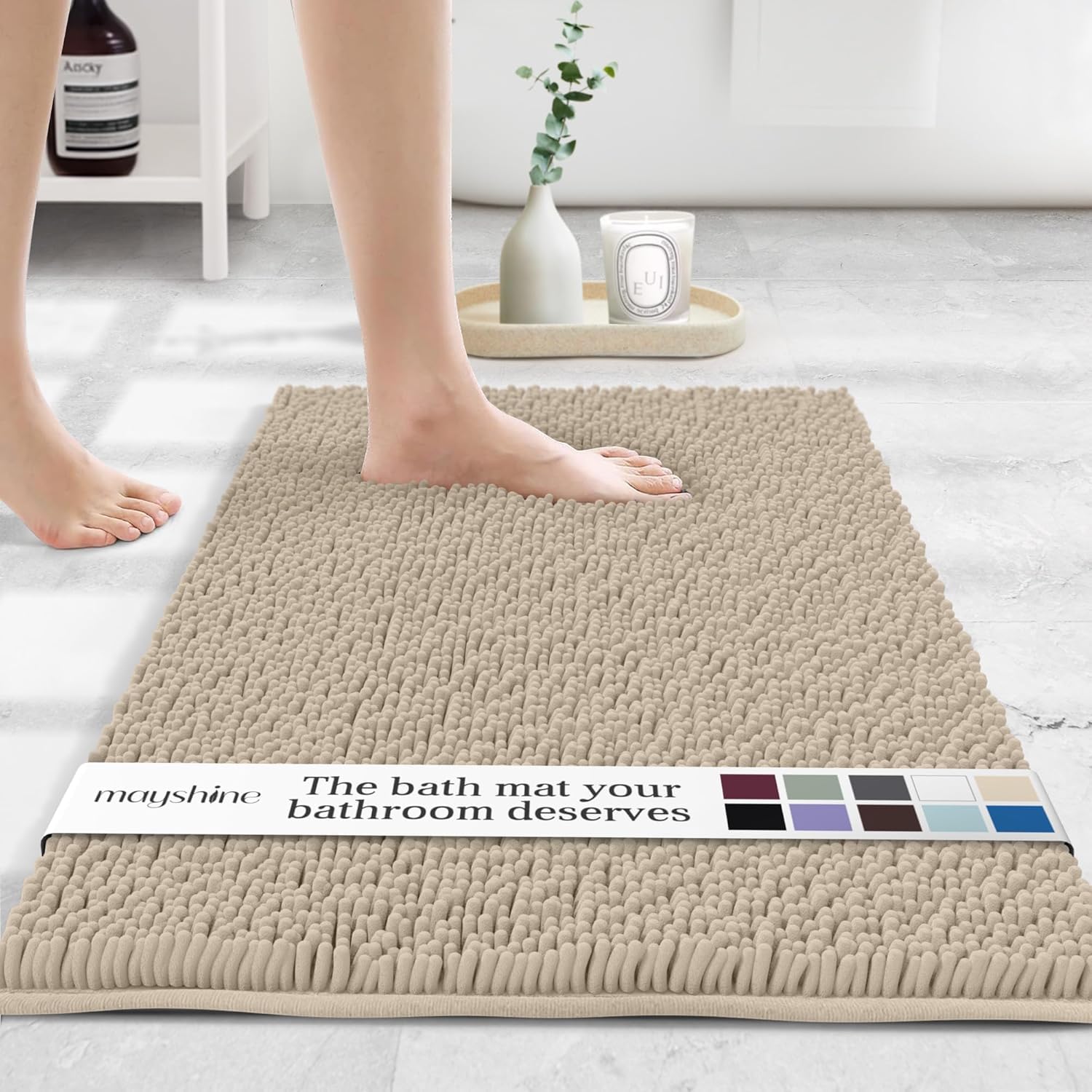 MAYSHINE Plush Shaggy Chenille Bath Mat | Extra Soft, Super Absorbent, Non-Slip Bathroom Rug | Fluffy Microfiber, Area Rug Sets for Bathroom Floor, Kitchen, Living Room | 59"x31" | Beige
