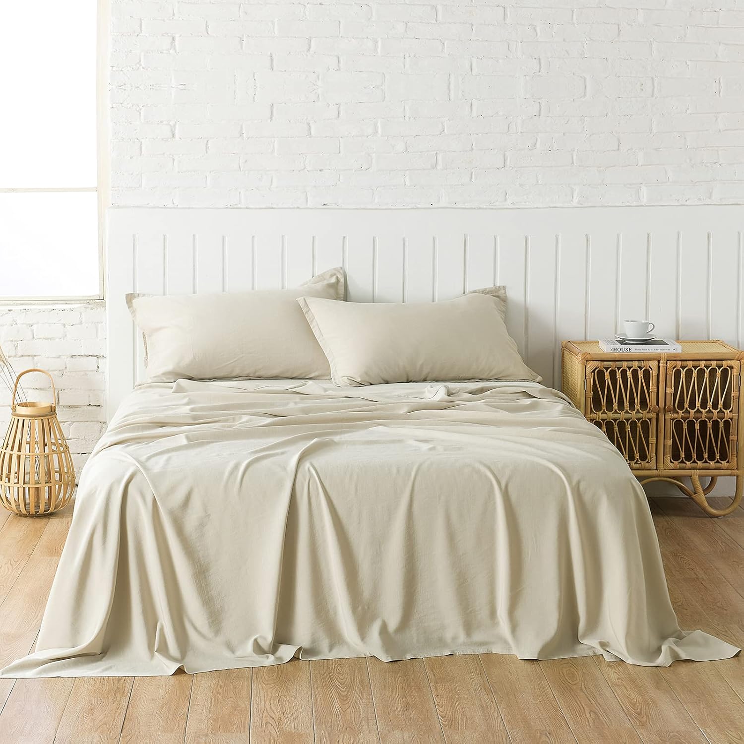 PANDATEX Beige Linen-Textured Bed Sheets Set, Bamboo Rayon, Cotton, Linen Blend Bed Sheets King Size, Soft Cool & Breathable for Hot Sleepers,Durable Natural Organic Bed 15'' Deep Pocket - 4 Piece
