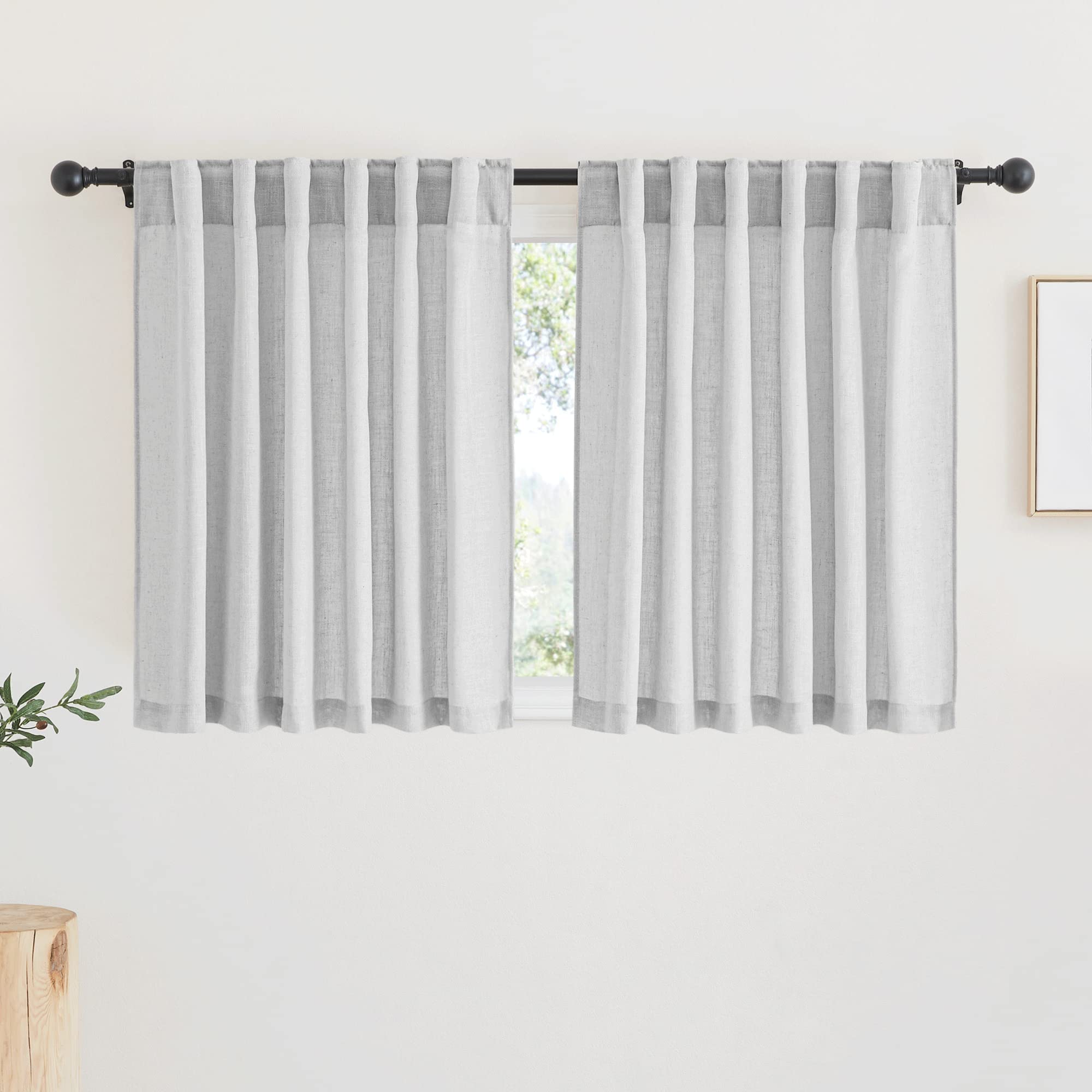 RYB HOME Farmhouse Sheer Curtains 108 inch Length, Semi Sheer Curtain & Drapes Large Window Dressing Lights & Winds Filter for Bedroom Home Office Living Room, Linen, W 70 x L 108 inch Long, 1 Pair