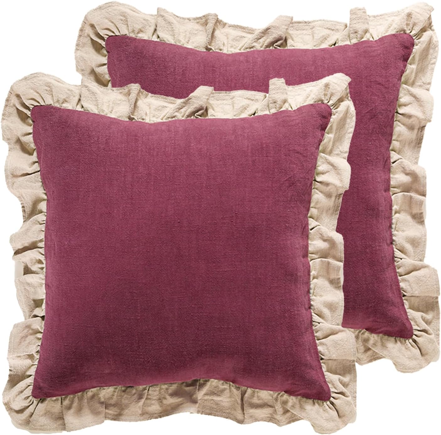 patdrea Rhodo Shabby Chic Decorative Throw Pillow Covers 22x22 Set of 2,Farmhouse Red Linen Pillow Covers with Ruffles,Square Sturdy Throw Pillow Case for Couch Sofa Bed Living Room