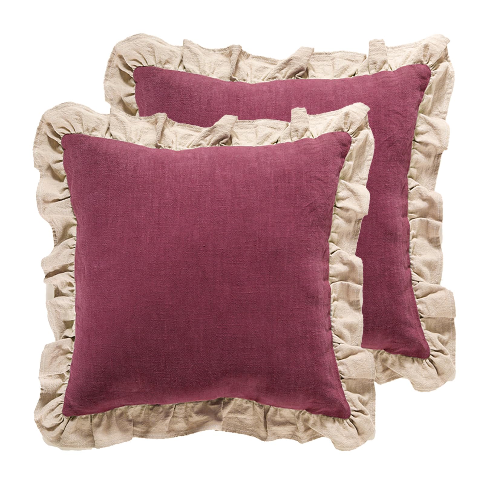 patdrea Rhodo Shabby Chic Decorative Throw Pillow Covers 22x22 Set of 2,Farmhouse Red Linen Pillow Covers with Ruffles,Square Sturdy Throw Pillow Case for Couch Sofa Bed Living Room