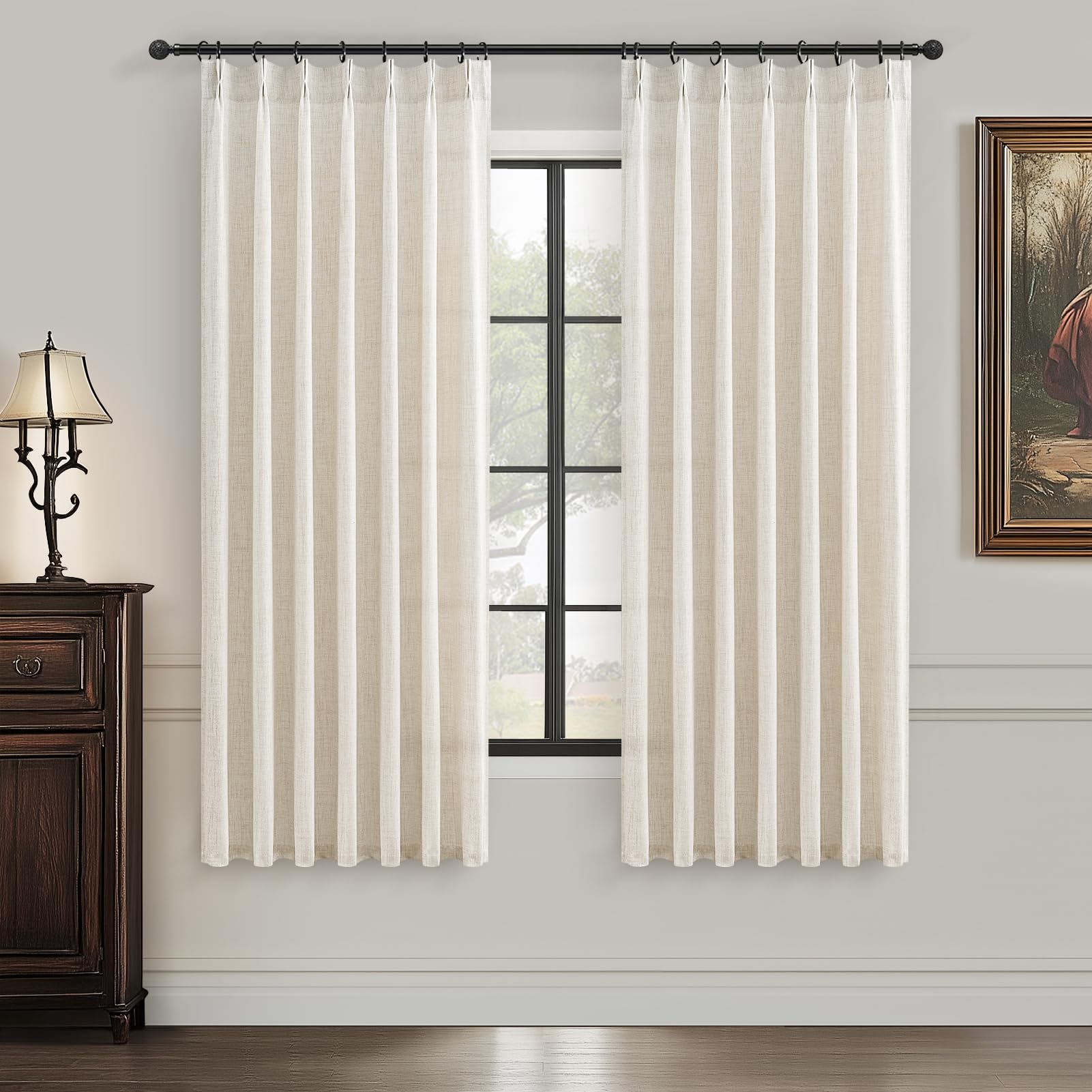 PleatedDrapes 96 Inch Curtains 2 Panel Set, Modern Linen Pleat Back Tab Dining Room Window Curtains Light Filtering Aesthetic Semi Sheer Living Room Drapes with Hooks Ring Cream Oatmeal W40 x L96