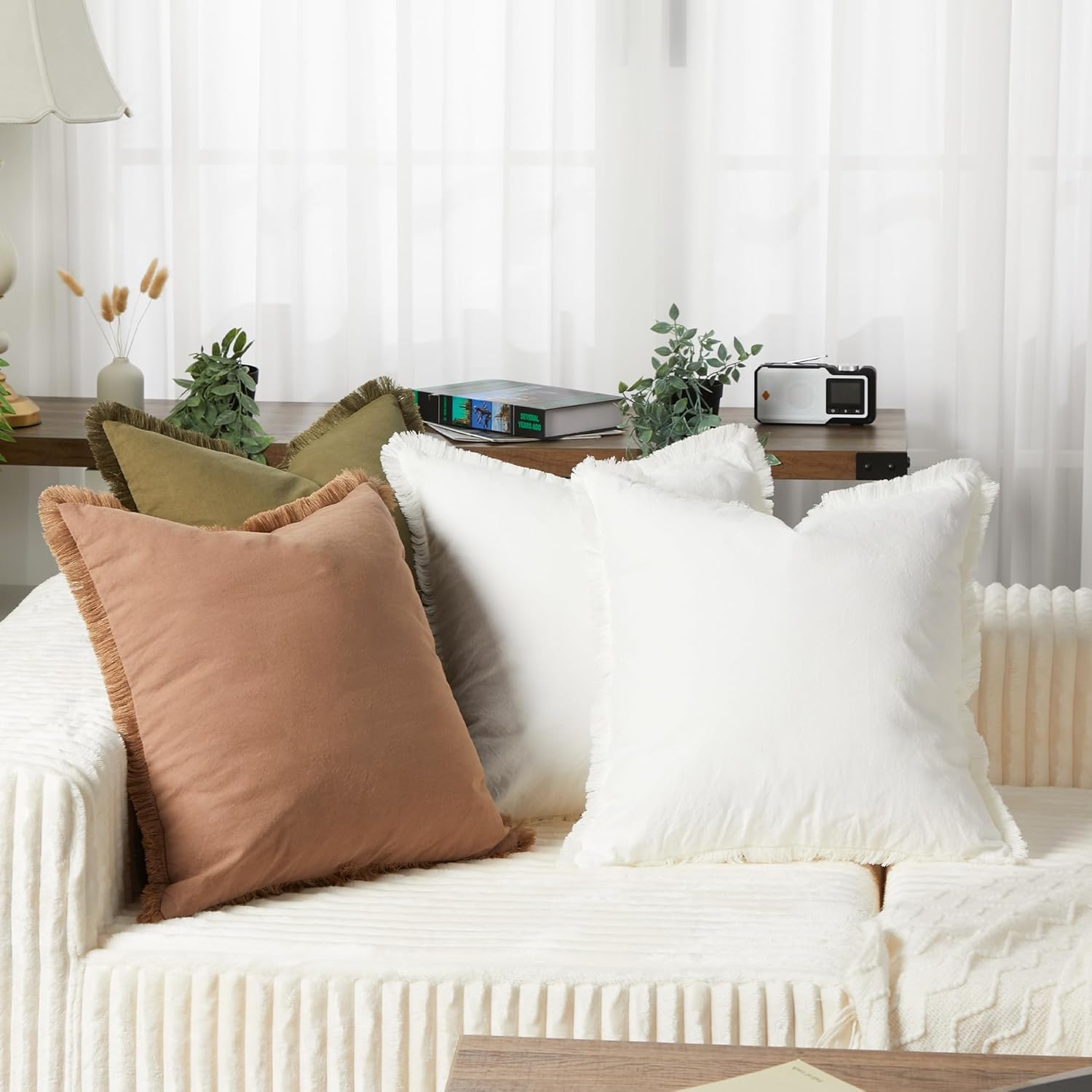 Boho Fringe Throw Pillow Covers Set of 4, Washed Cotton Decorative Square Cushion Cases with Raw Edge Fringe, Neutral Earth Tone Farmhouse Decor Pillow Covers for Sofa Couch Bed Home Decoration