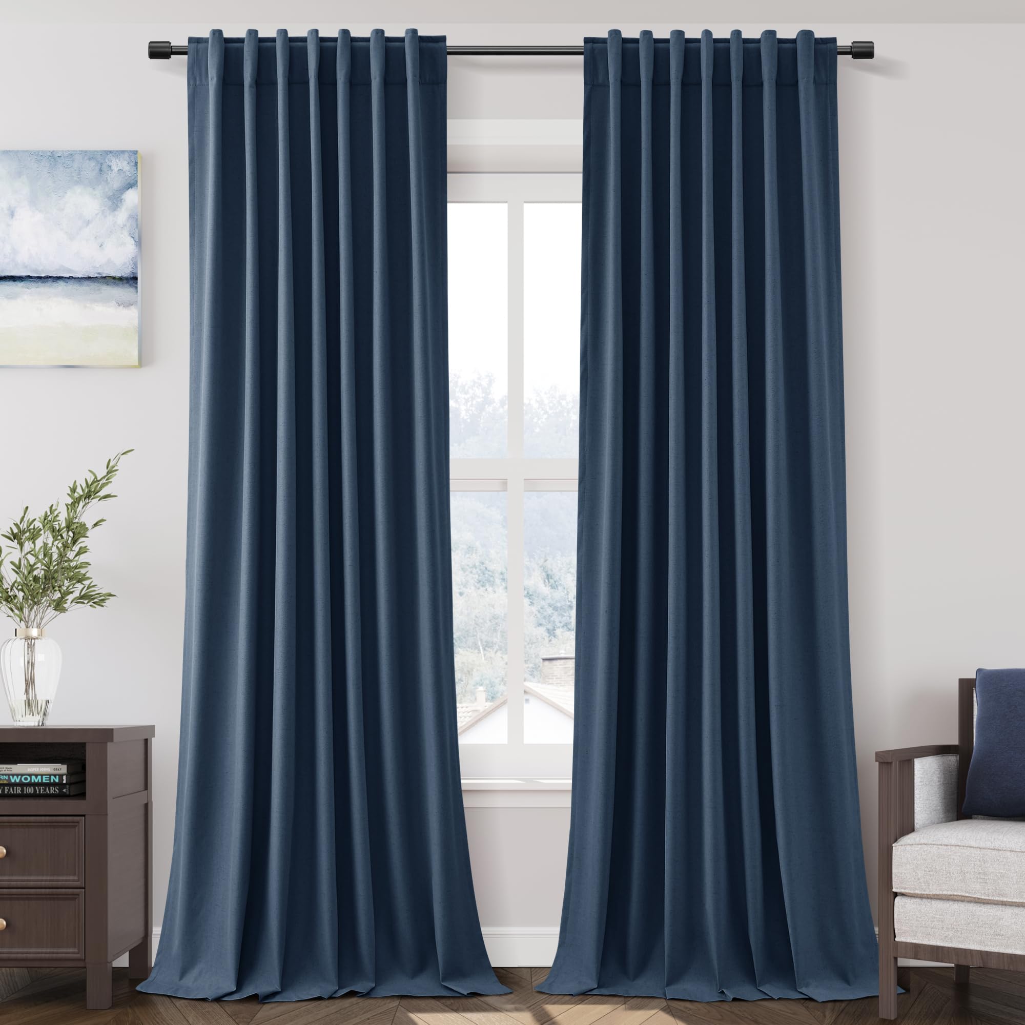 Nanspring Light Grey 100% Blackout Linen Curtains for Bedroom 90 Inches Long Back Tab Thermal Insulated Modern Luxury Simple Black Out Curtain for Living Room Dining Room Drapes 52x90, 2 Panels