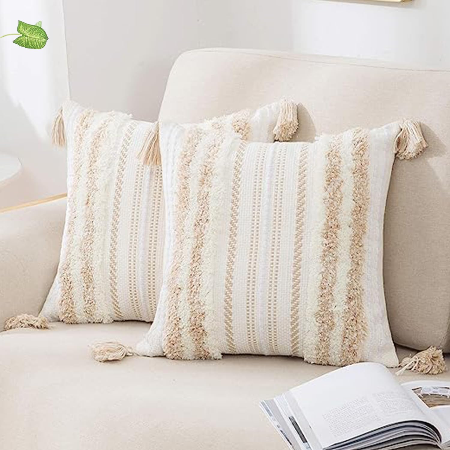 decorUhome Summer Decorative Boho Throw Pillow Covers 20x20 Set of 2, Accent Neutral Textured Tufted Pillow Covers Striped for Couch Bed Sofa Living Room, Light Grey and Cream White
