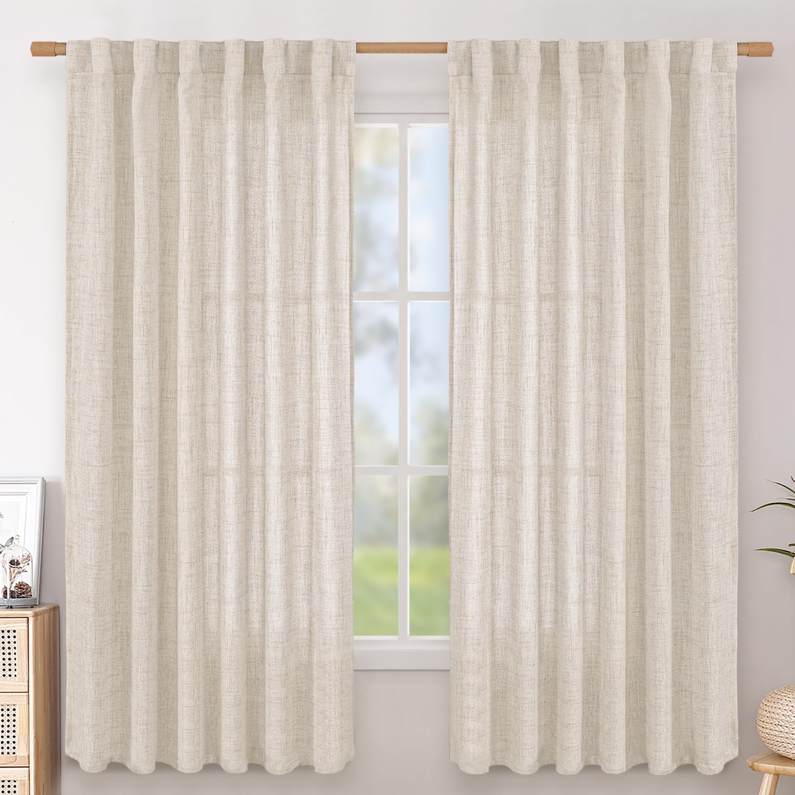 BGment Long 102 Inch Length Linen Curtains for Living Room, Natural Rod Pocket Textured Burlap Drapes Rustic Country Light Filtering for Bedroom Semi Sheer Back Tab, 2 Panel, 52 Inch Wide Each Panel