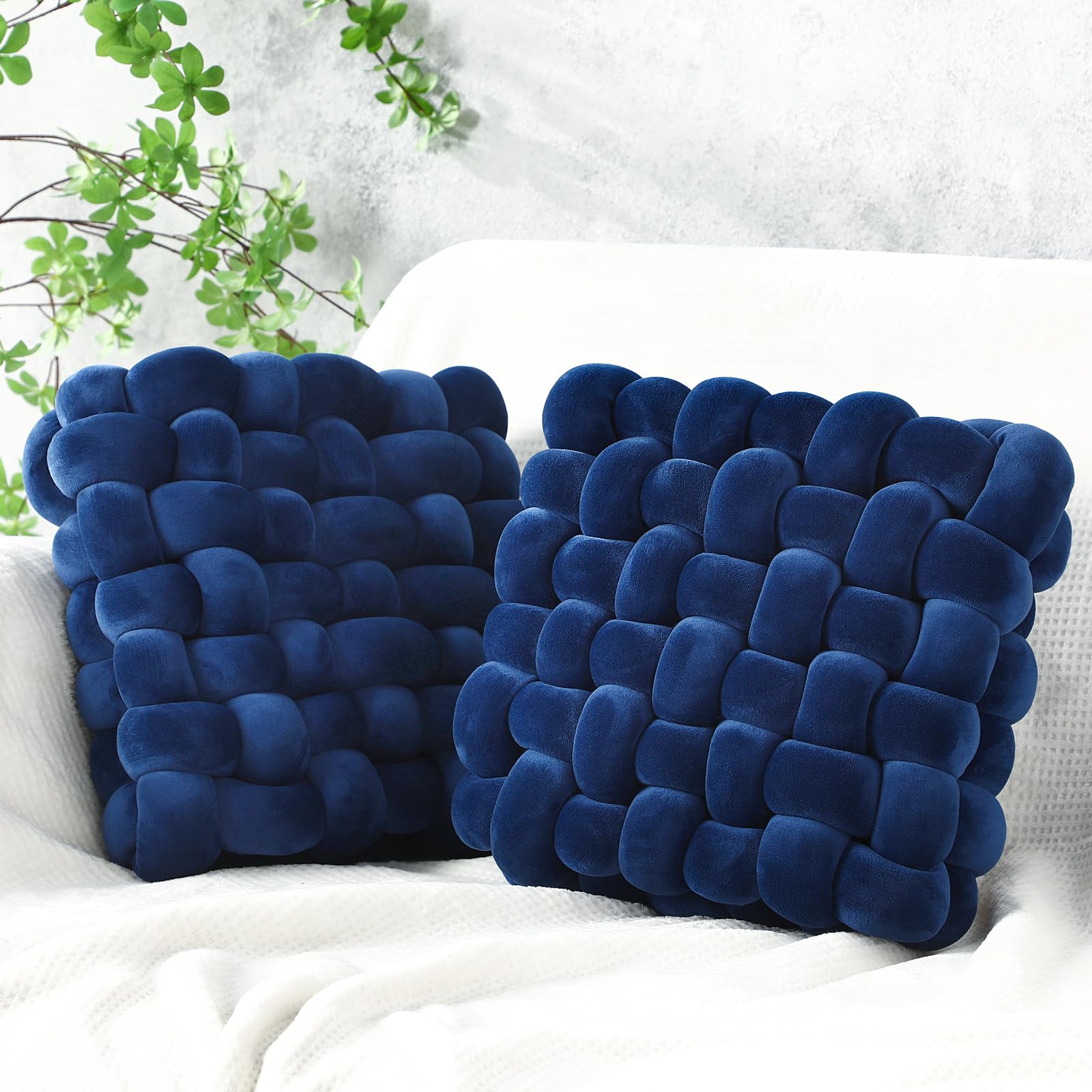 Wenqik 2 Pcs Knot Pillows Square Knotted Plush Throws Soft Accent Pillows Decoration Cushion for Couch Home Office Living Room Bedroom Bed Sofa Decor, 12'' x 13''(Cream White,Lambswool)