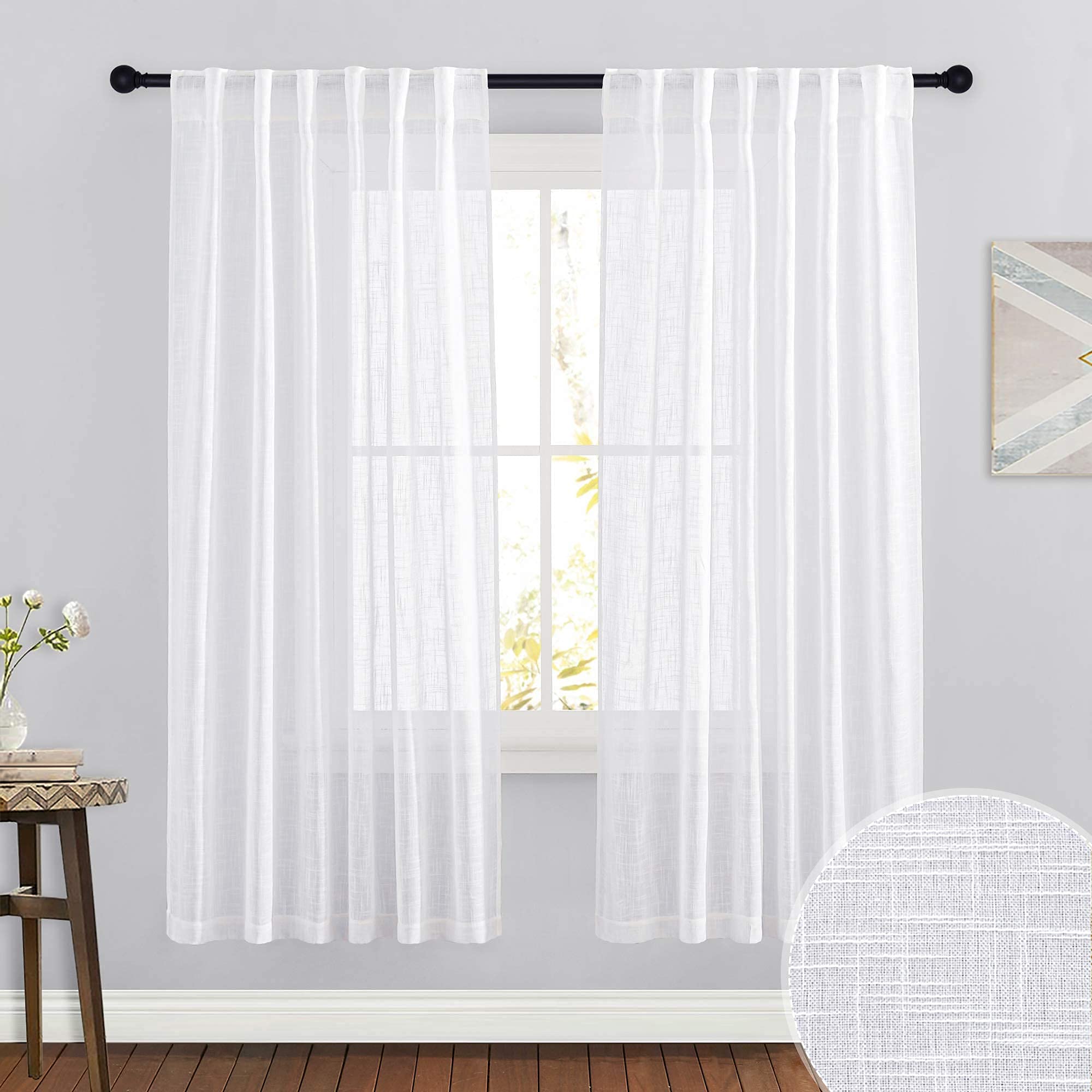 RYB HOME Farmhouse Sheer Curtains 108 inch Length, Semi Sheer Curtain & Drapes Large Window Dressing Lights & Winds Filter for Bedroom Home Office Living Room, Linen, W 70 x L 108 inch Long, 1 Pair