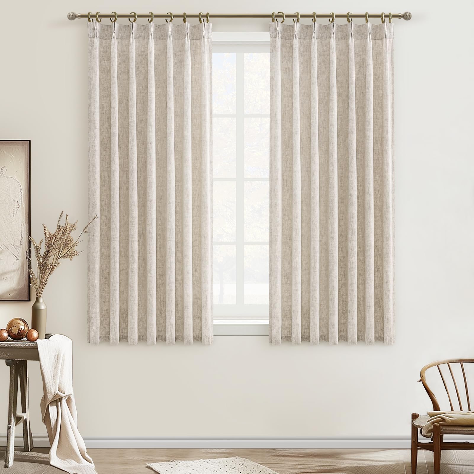 PleatedDrapes 96 Inch Curtains 2 Panel Set, Modern Linen Pleat Back Tab Dining Room Window Curtains Light Filtering Aesthetic Semi Sheer Living Room Drapes with Hooks Ring Cream Oatmeal W40 x L96