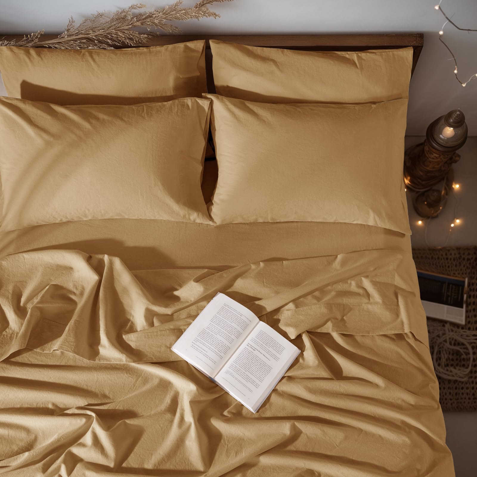 LBRO2M 100% Pure Linen Sheet Set Deep Pocket Up to 16" Bed Sheets Sets, Natural Flax Beddings Soft, Breathable, Comfortable for All Seasons 4 Pcs Sheet Set Queen Size, Linen
