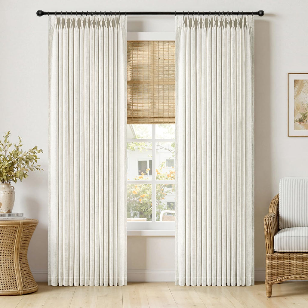 MIULEE Pinch Pleated Thick Linen Curtains 90 Inches Long 2 Panels for Living Room Bedroom, Linen Texture Memory Trained Drapes Pinch Pleat Rustic Farmhouse Window Curtains with Hooks&Rings, Taupe