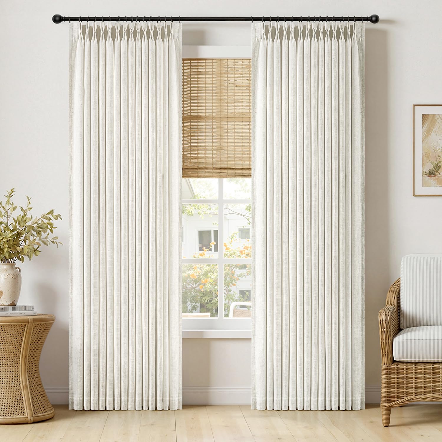 MIULEE Pinch Pleated Thick Linen Curtains 90 Inches Long 2 Panels for Living Room Bedroom, Linen Texture Memory Trained Drapes Pinch Pleat Rustic Farmhouse Window Curtains with Hooks&Rings, Taupe