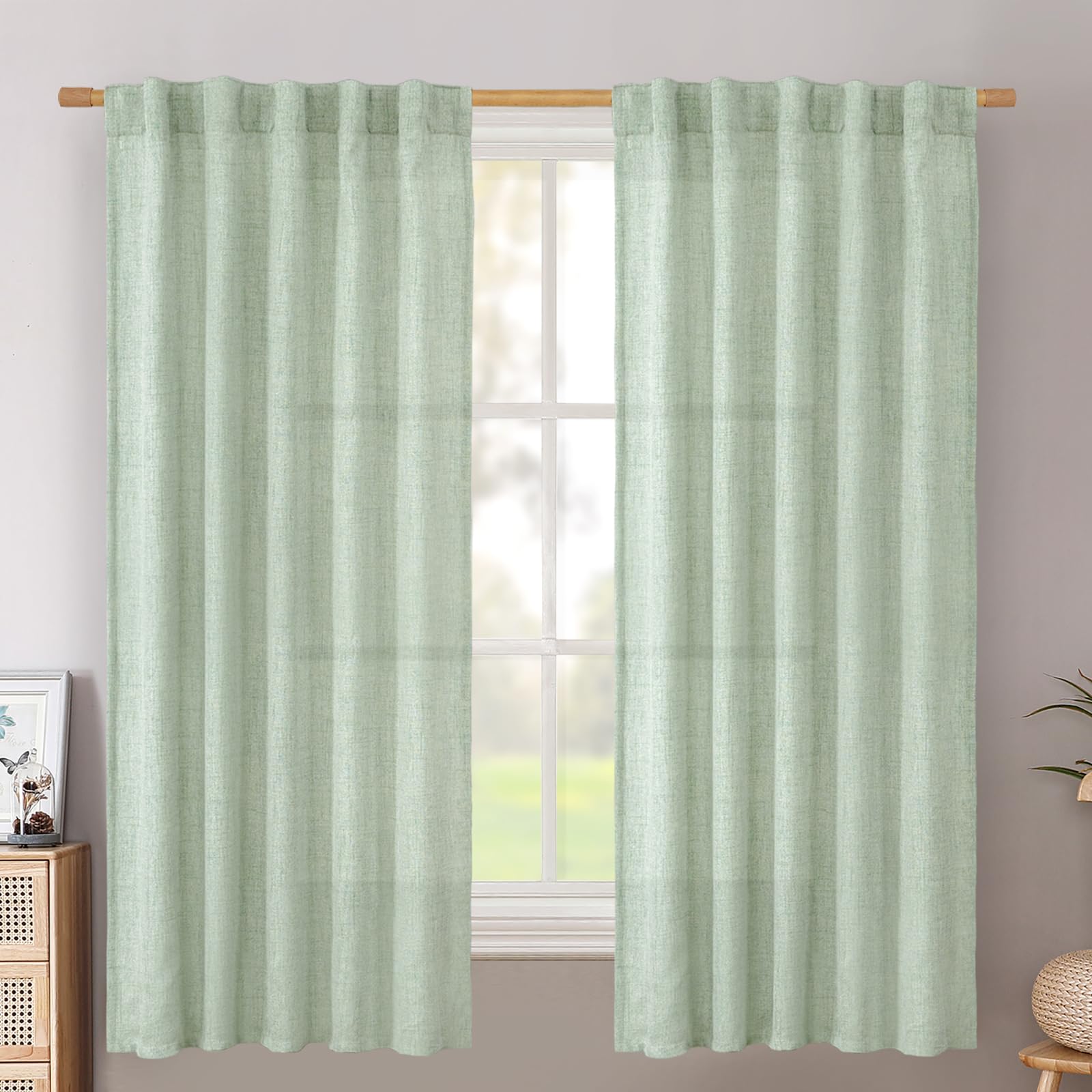 BGment Long 102 Inch Length Linen Curtains for Living Room, Natural Rod Pocket Textured Burlap Drapes Rustic Country Light Filtering for Bedroom Semi Sheer Back Tab, 2 Panel, 52 Inch Wide Each Panel