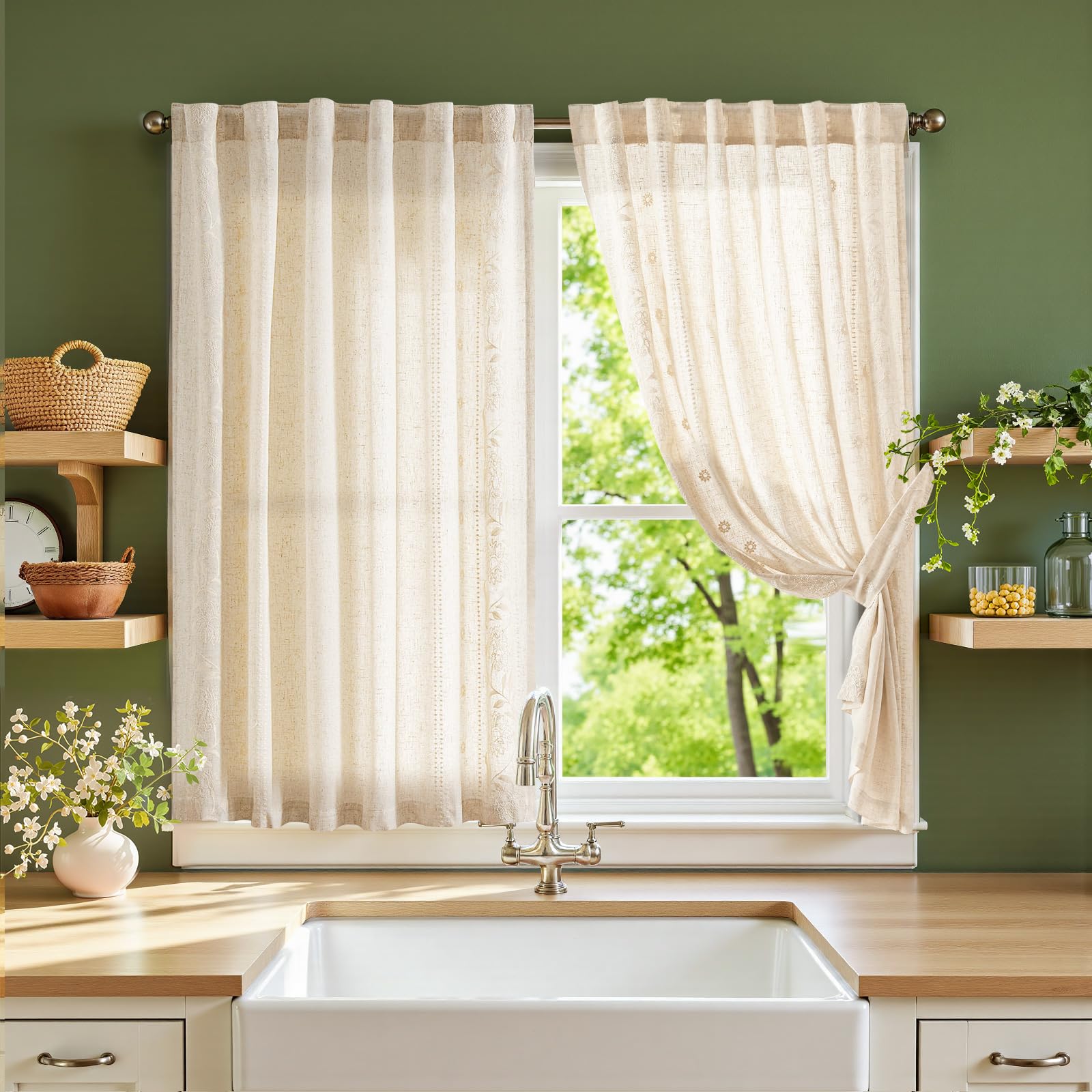 jinchan Winslow Linen Curtains for Bedroom 84 Inches Length Embroidered Bordered Floral Curtains for Living Room Farmhouse Decor Light Filtering Window Treatments Sage on Beige Drapes 2 Panels