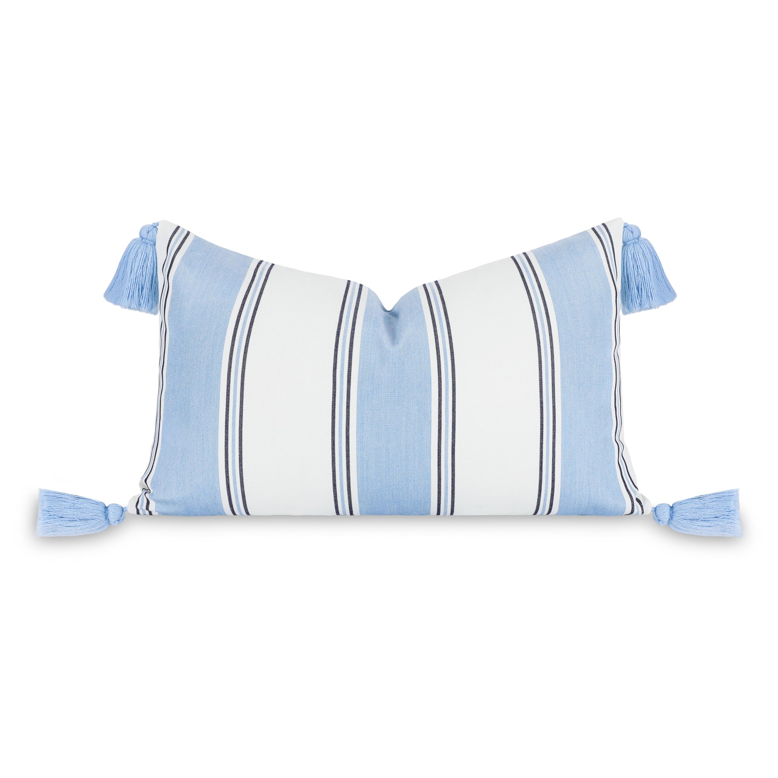 Hofdeco Premium Coastal Hampton Outdoor Performance Throw Pillow Cover Only, 20"x20" Water Repellent, UV and Fade Resistant for Backyard, Couch, Poolside, Indigo Azure Blue Woven Harbor Stripes