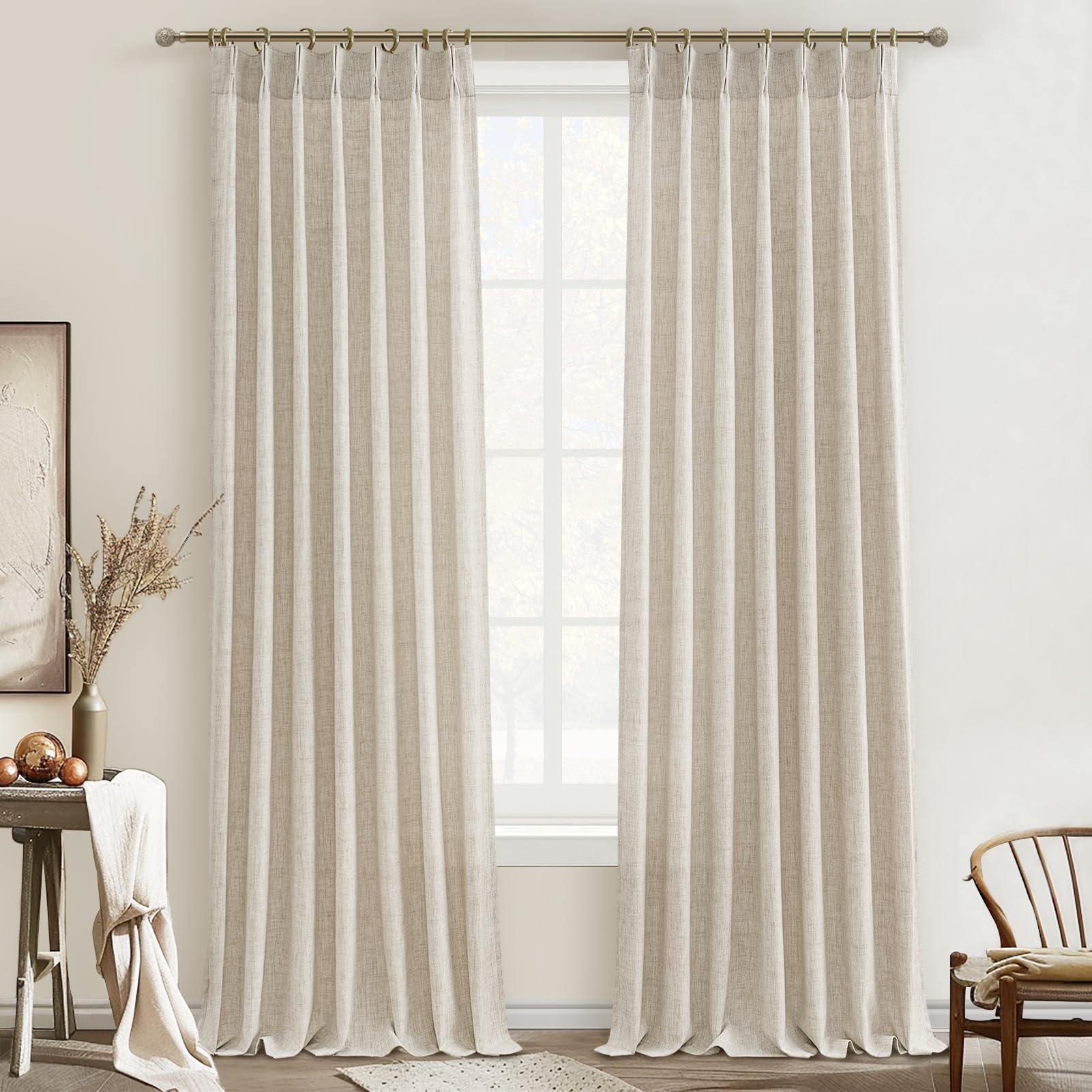 PleatedDrapes 96 Inch Curtains 2 Panel Set, Modern Linen Pleat Back Tab Dining Room Window Curtains Light Filtering Aesthetic Semi Sheer Living Room Drapes with Hooks Ring Cream Oatmeal W40 x L96