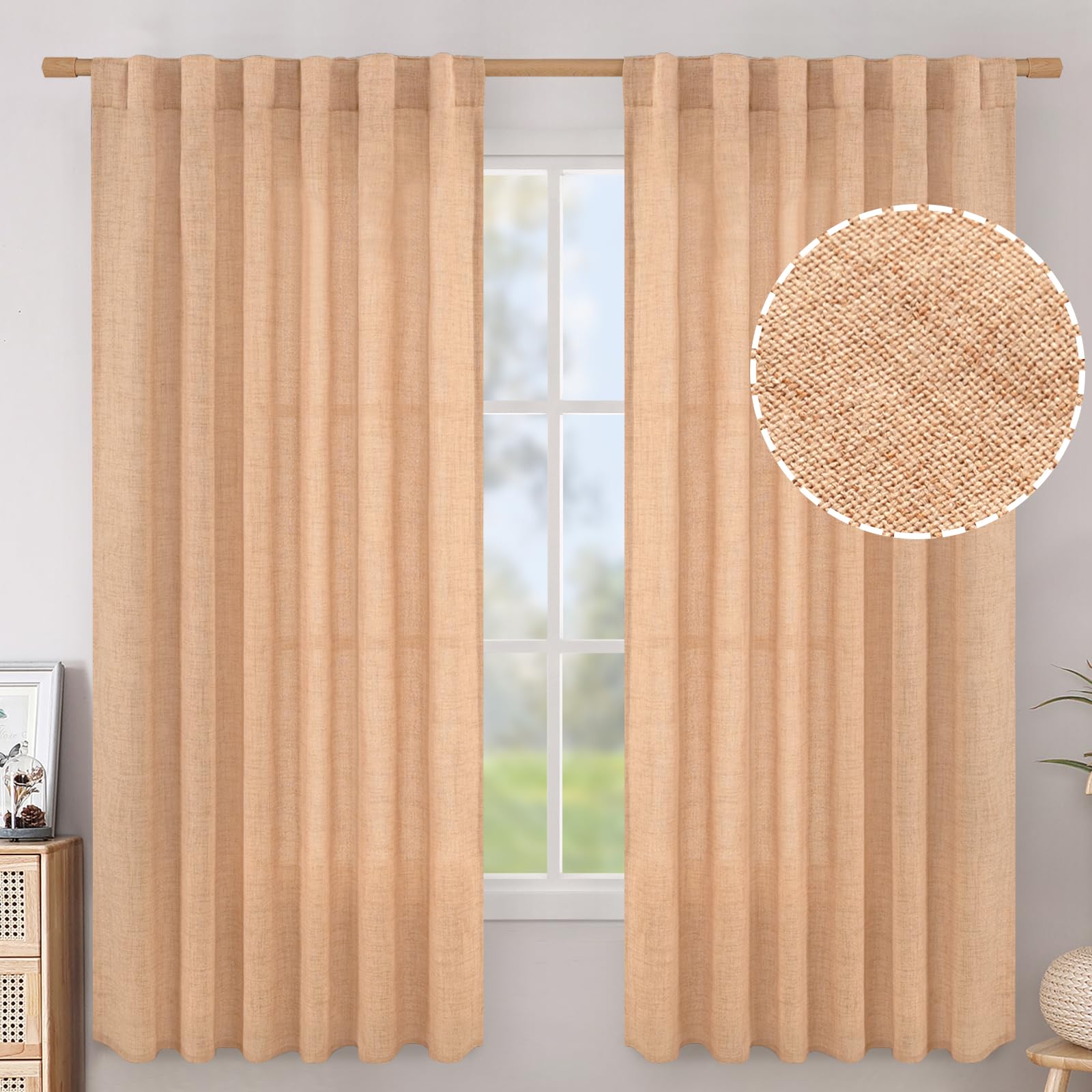 BGment Long 102 Inch Length Linen Curtains for Living Room, Natural Rod Pocket Textured Burlap Drapes Rustic Country Light Filtering for Bedroom Semi Sheer Back Tab, 2 Panel, 52 Inch Wide Each Panel