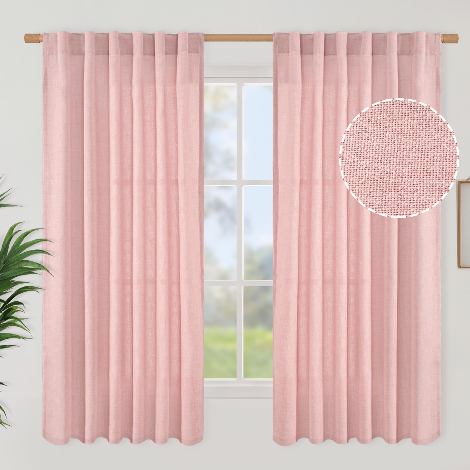 BGment Long 102 Inch Length Linen Curtains for Living Room, Natural Rod Pocket Textured Burlap Drapes Rustic Country Light Filtering for Bedroom Semi Sheer Back Tab, 2 Panel, 52 Inch Wide Each Panel