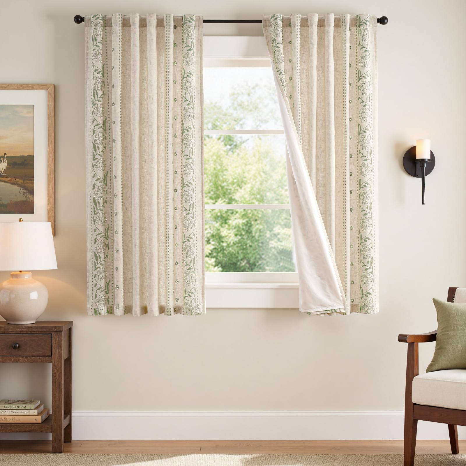 jinchan Winslow Linen Curtains for Bedroom 84 Inches Length Embroidered Bordered Floral Curtains for Living Room Farmhouse Decor Light Filtering Window Treatments Sage on Beige Drapes 2 Panels
