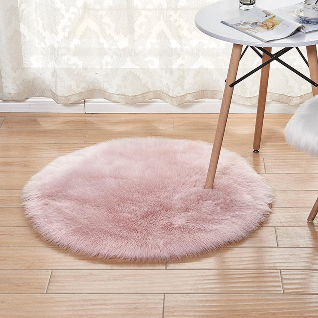 Luxury Faux Sheepskin Area Rugs Supersoft Fluffy Shaggy Round Floor Carpet Mat Decorative Throw Cover- Children Play Carpet for Living & Bedroom Sofa Light Pink, 5 ft Diameter