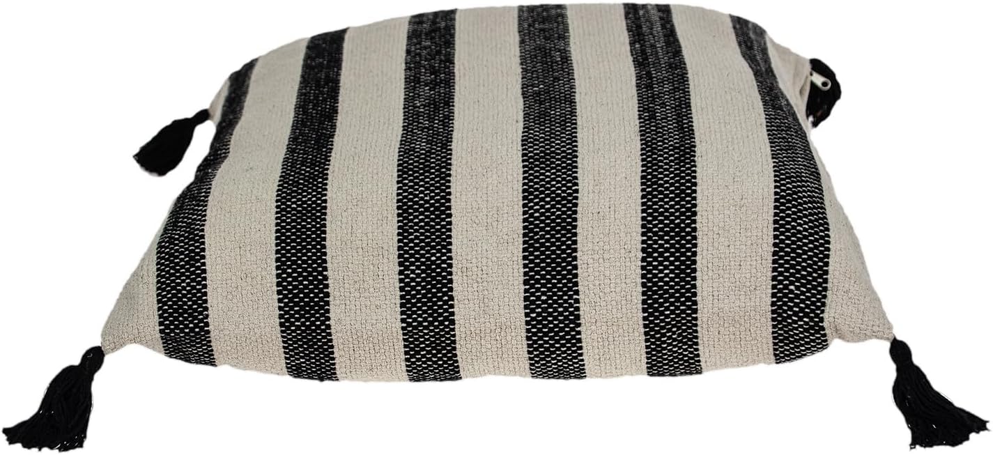 HomeRoots 24" Beige and Black Striped Cotton Throw Pillow with Tassels