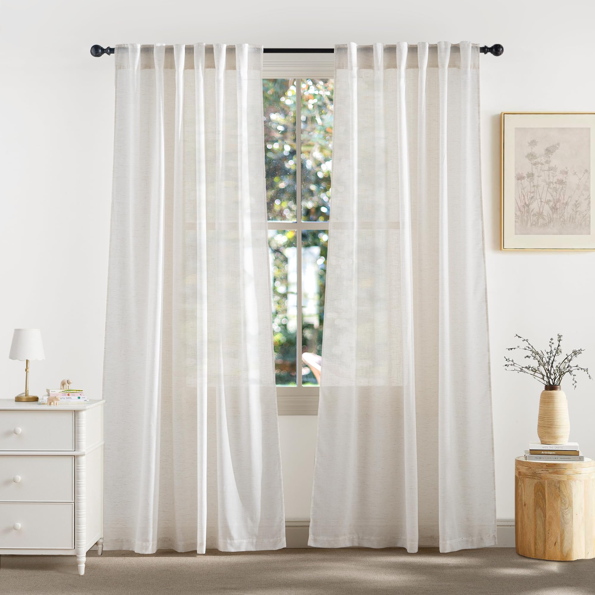 RYB HOME Farmhouse Sheer Curtains 108 inch Length, Semi Sheer Curtain & Drapes Large Window Dressing Lights & Winds Filter for Bedroom Home Office Living Room, Linen, W 70 x L 108 inch Long, 1 Pair