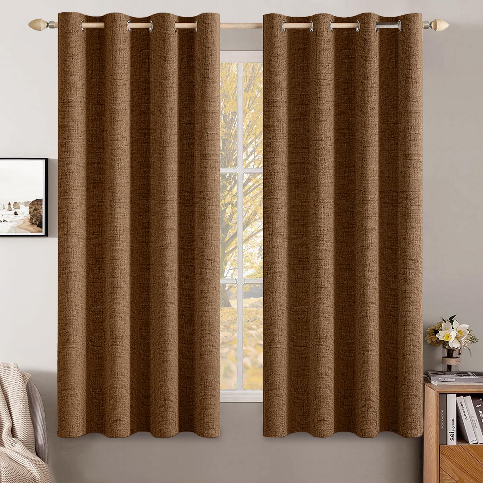 MIULEE 100% Blackout Linen Curtains for Bedroom Thermal Insulated Birch Grommet Room Darkening Curtains & Drapes for Living Room Nursery 52 x 96 Inch (2 Panels)