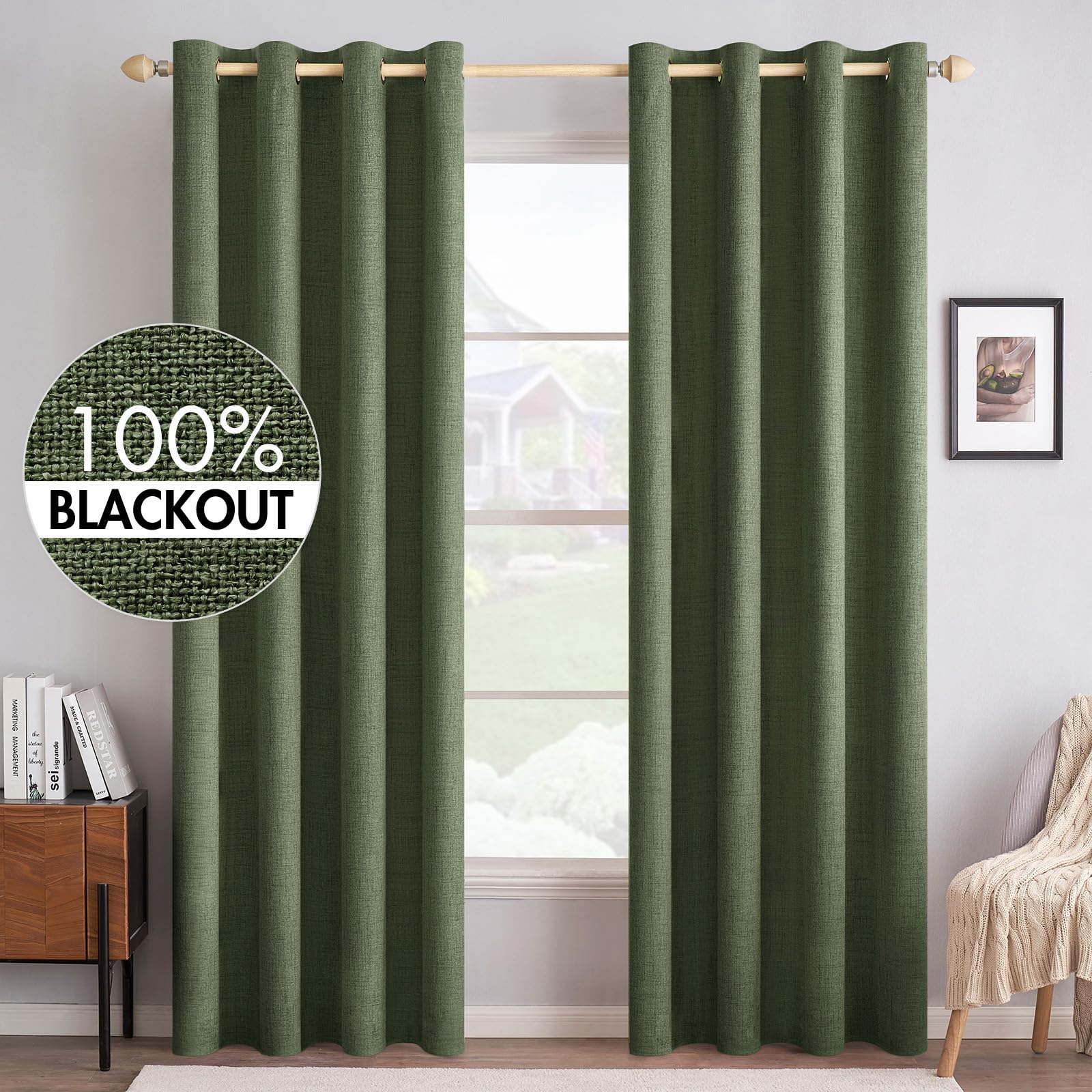 MIULEE 100% Blackout Linen Curtains for Bedroom Thermal Insulated Birch Grommet Room Darkening Curtains & Drapes for Living Room Nursery 52 x 96 Inch (2 Panels)