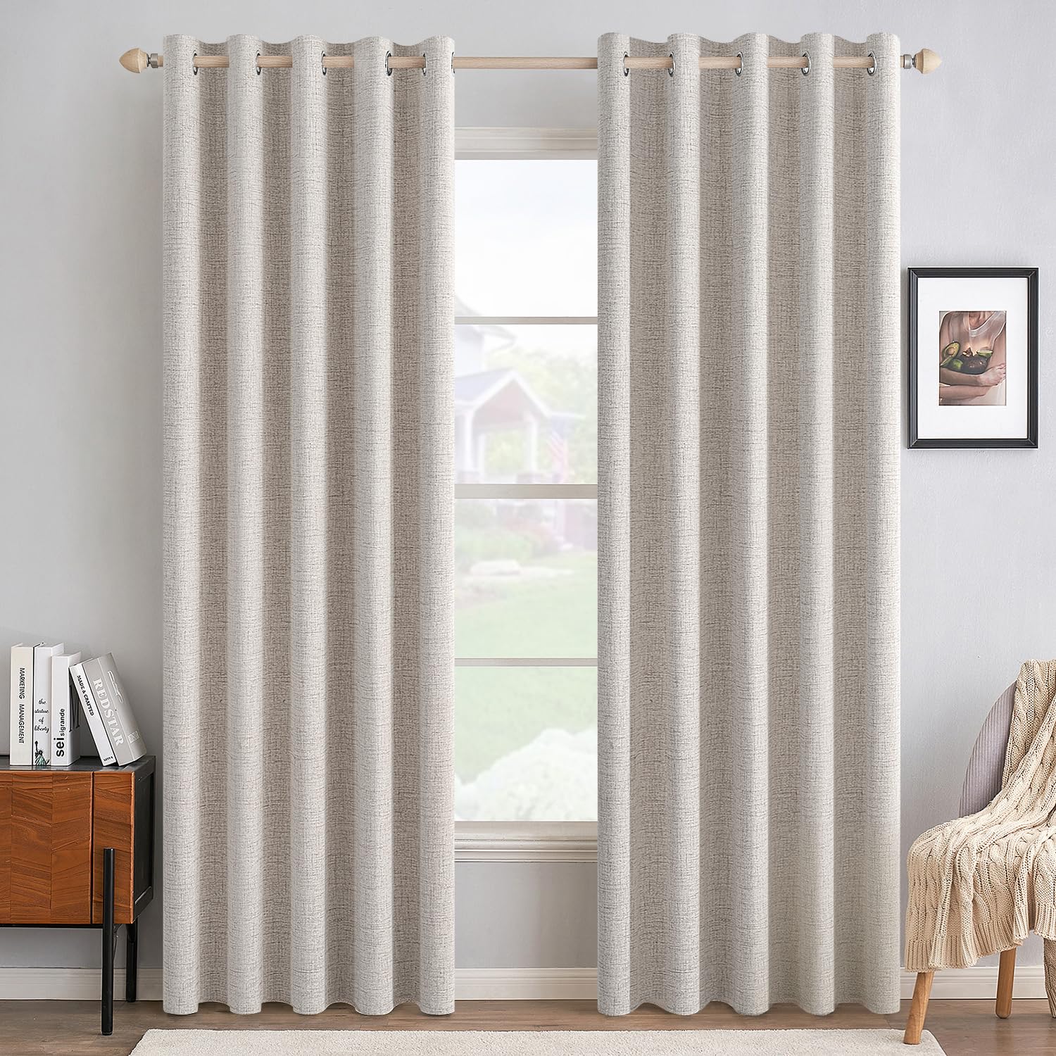 MIULEE 100% Blackout Linen Curtains for Bedroom Thermal Insulated Birch Grommet Room Darkening Curtains & Drapes for Living Room Nursery 52 x 96 Inch (2 Panels)