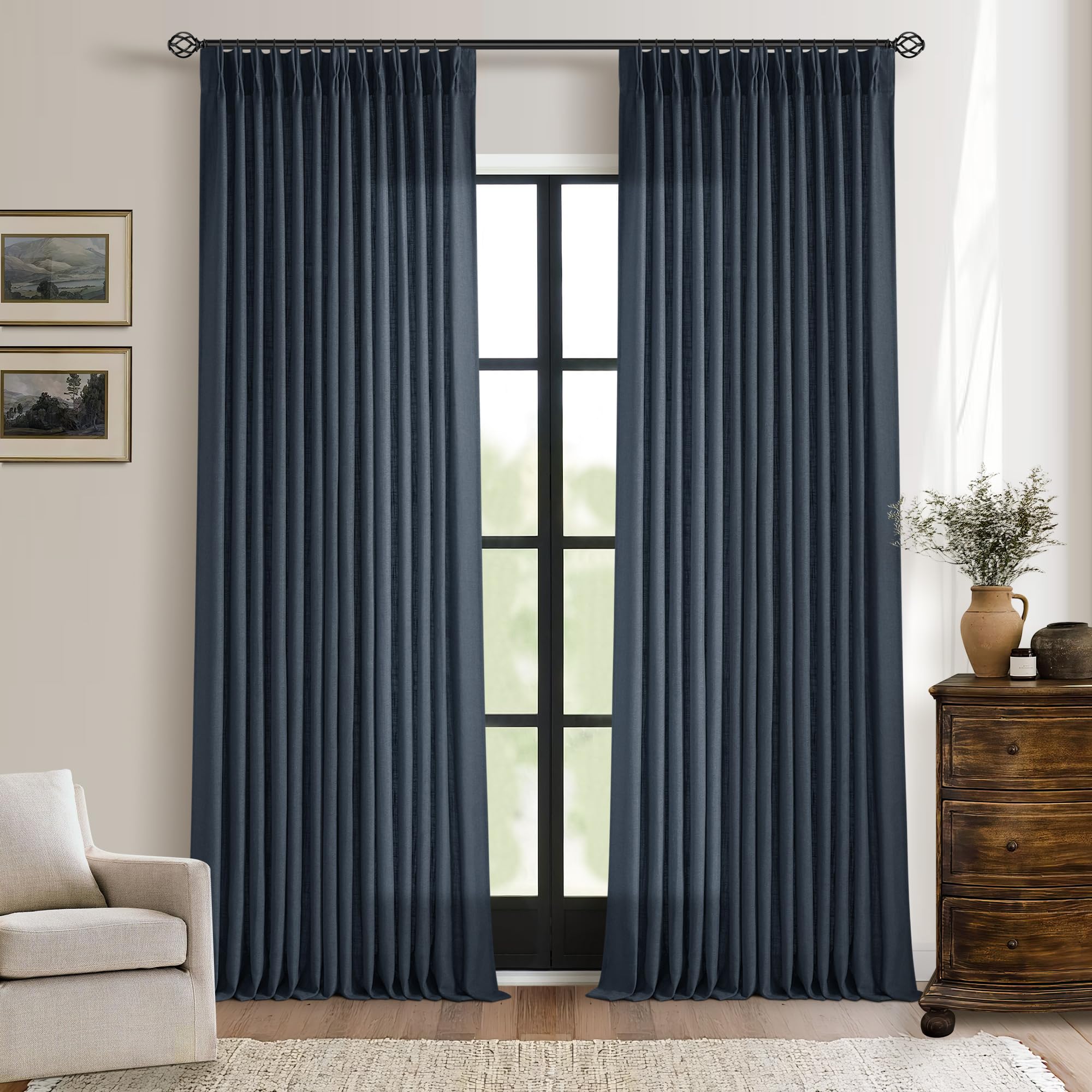 90 Inch Pinch Pleated Linen Curtains 2 Panel Set for Living Room Cream Natural Thick Linen Textured Drapes 90 Inches Long Pinch Pleat Drapes Birch Ivory Semi Sheer Curtain for Dining Bedroom Office