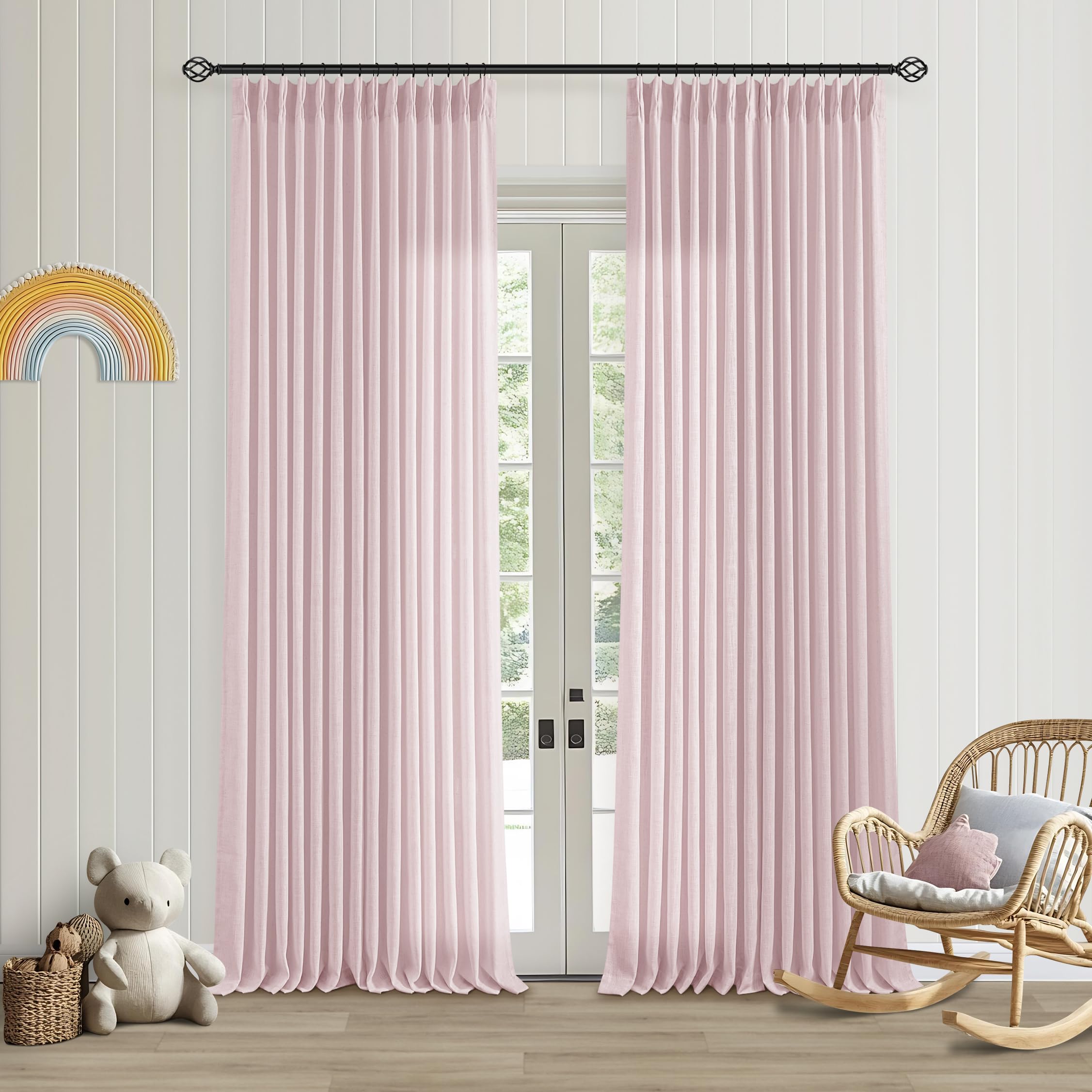 90 Inch Pinch Pleated Linen Curtains 2 Panel Set for Living Room Cream Natural Thick Linen Textured Drapes 90 Inches Long Pinch Pleat Drapes Birch Ivory Semi Sheer Curtain for Dining Bedroom Office