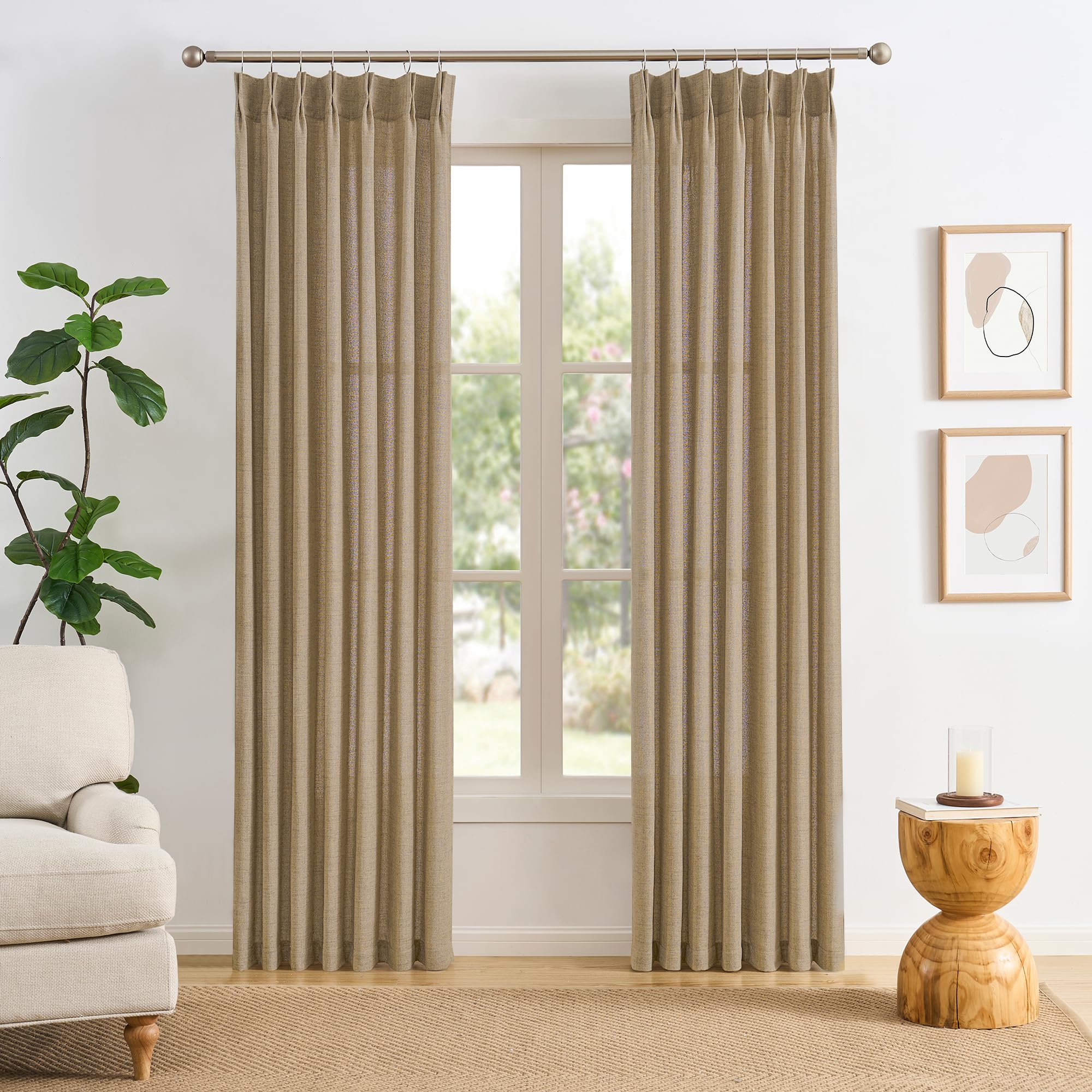 RAIN CITY 102 Inch Curtains Pinch Pleated 2 Panels Set, Back Tab with Hooks Semi Sheer Linen Curtains for Living Room Primitive Window Drapes for Sliding Door Sand Beach Decor 42 Each Wide