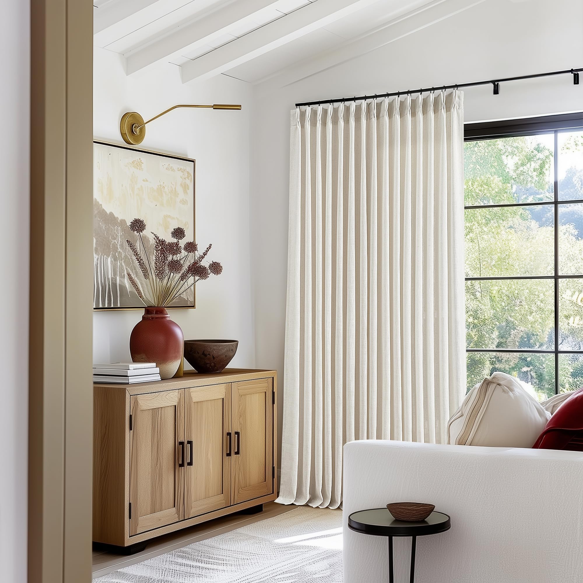 90 Inch Pinch Pleated Linen Curtains 2 Panel Set for Living Room Cream Natural Thick Linen Textured Drapes 90 Inches Long Pinch Pleat Drapes Birch Ivory Semi Sheer Curtain for Dining Bedroom Office