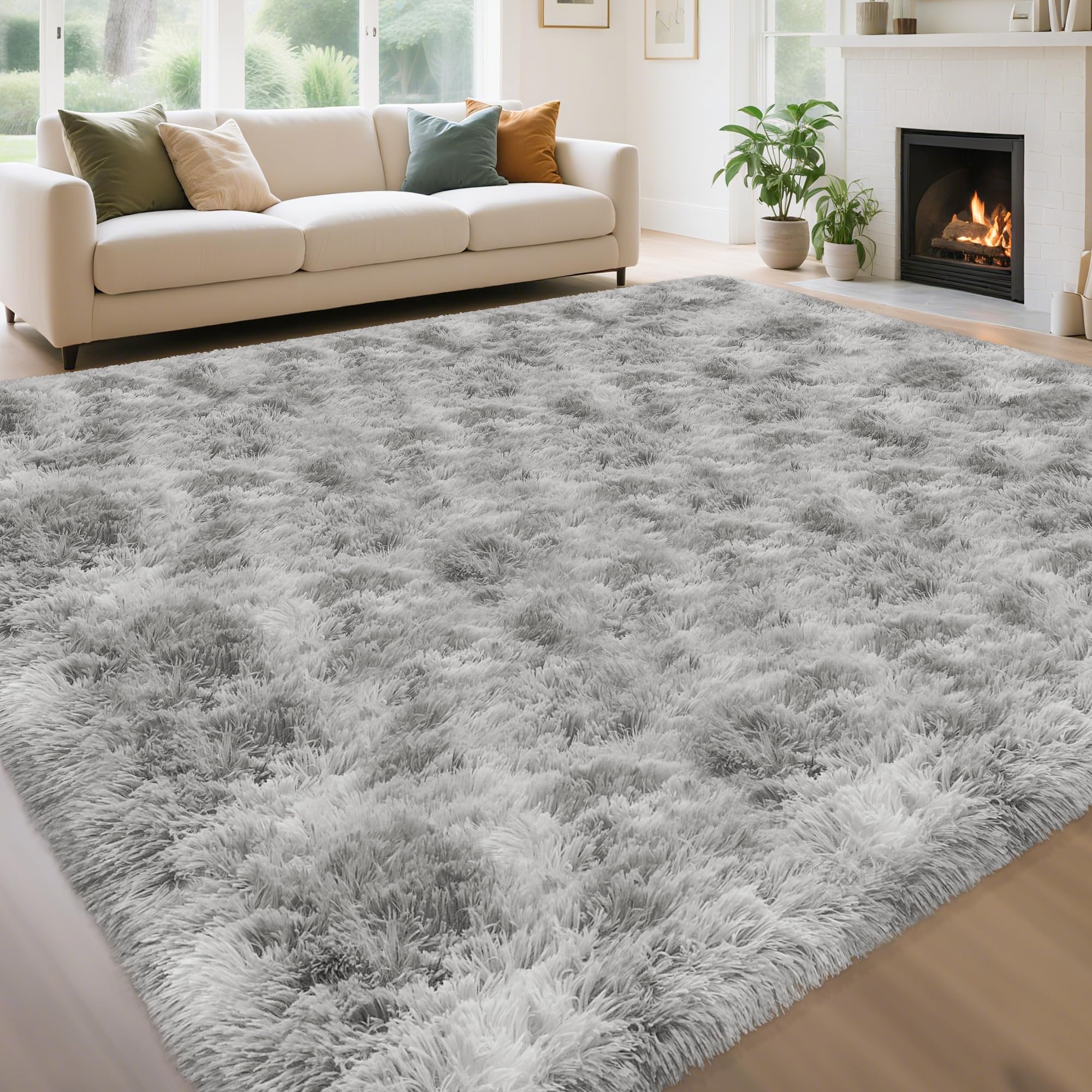 5x8 Ft Light Grey Large Area Rugs for Bedroom,Fluffy Furry Rug Floor Carpets Shaggy Playing Mat for Kids Baby Girls Room Nursery Home Decor Tie Dyed Gray Thick Rugs Fuzzy Home Decor