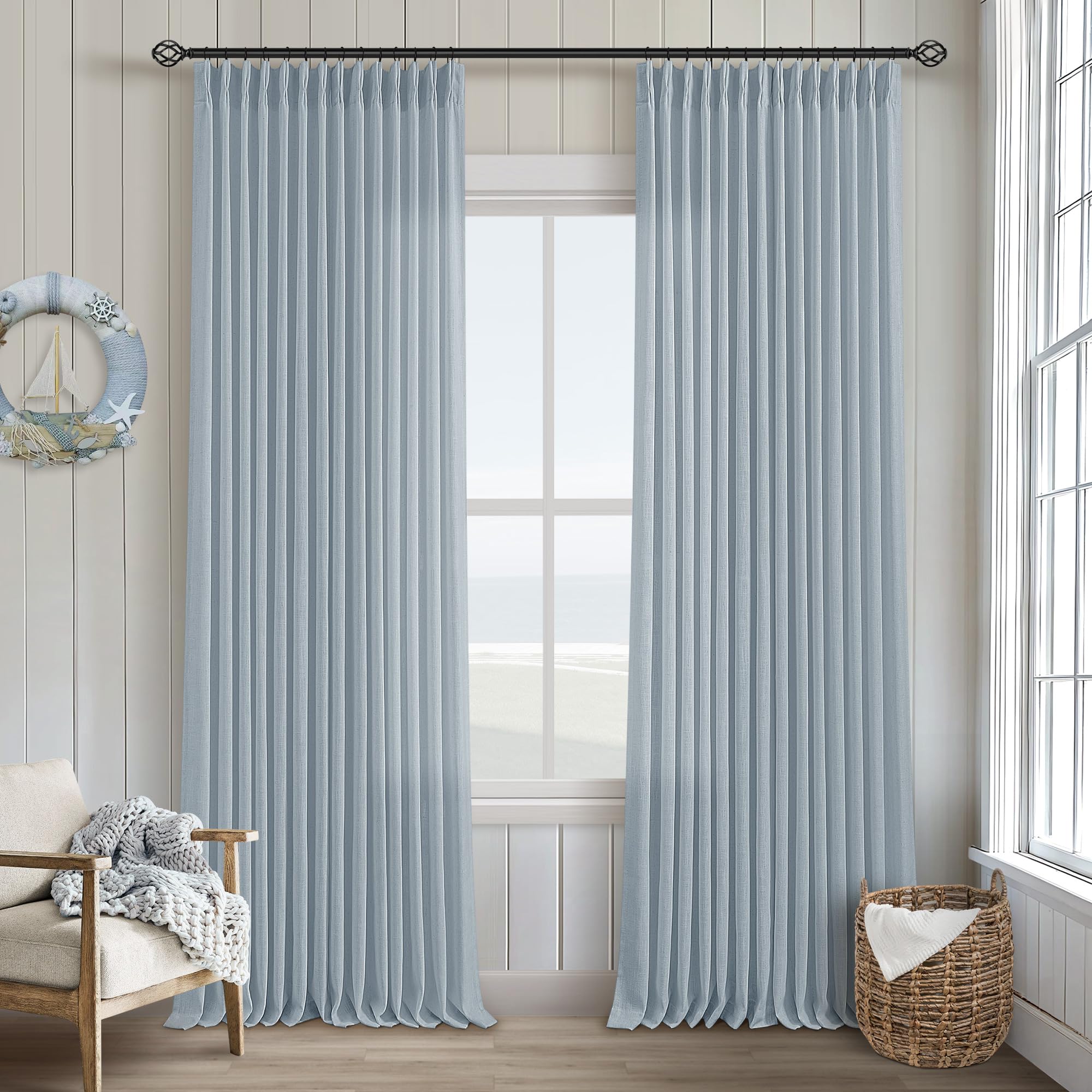 90 Inch Pinch Pleated Linen Curtains 2 Panel Set for Living Room Cream Natural Thick Linen Textured Drapes 90 Inches Long Pinch Pleat Drapes Birch Ivory Semi Sheer Curtain for Dining Bedroom Office