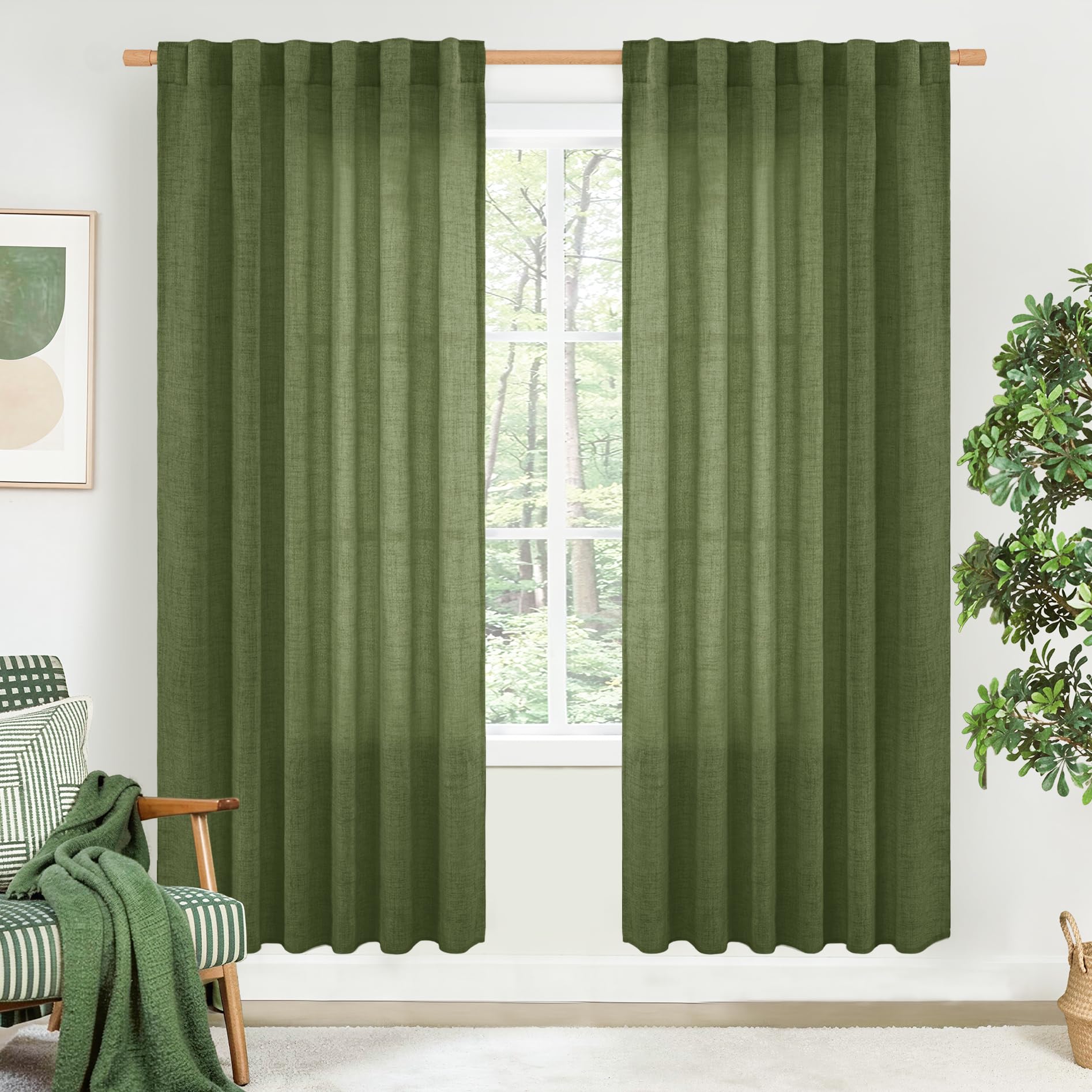 BGment Long 102 Inch Length Linen Curtains for Living Room, Natural Rod Pocket Textured Burlap Drapes Rustic Country Light Filtering for Bedroom Semi Sheer Back Tab, 2 Panel, 52 Inch Wide Each Panel