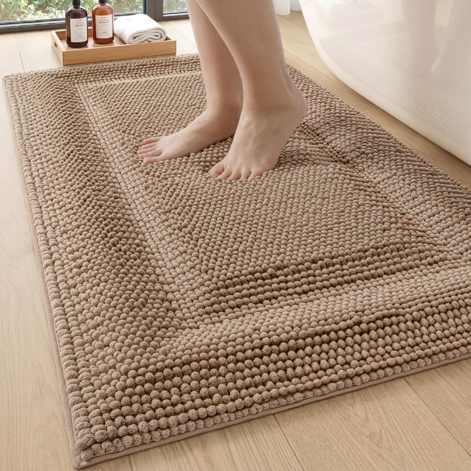 DEXI Bathroom Rugs 24x43, Non Slip Washable Bath Mat, Luxury Chenille Super Absorbent Ultra Thick Bathmats for Shower Floor, Plush Fluffy Shaggy Carpet for Tub, Beige