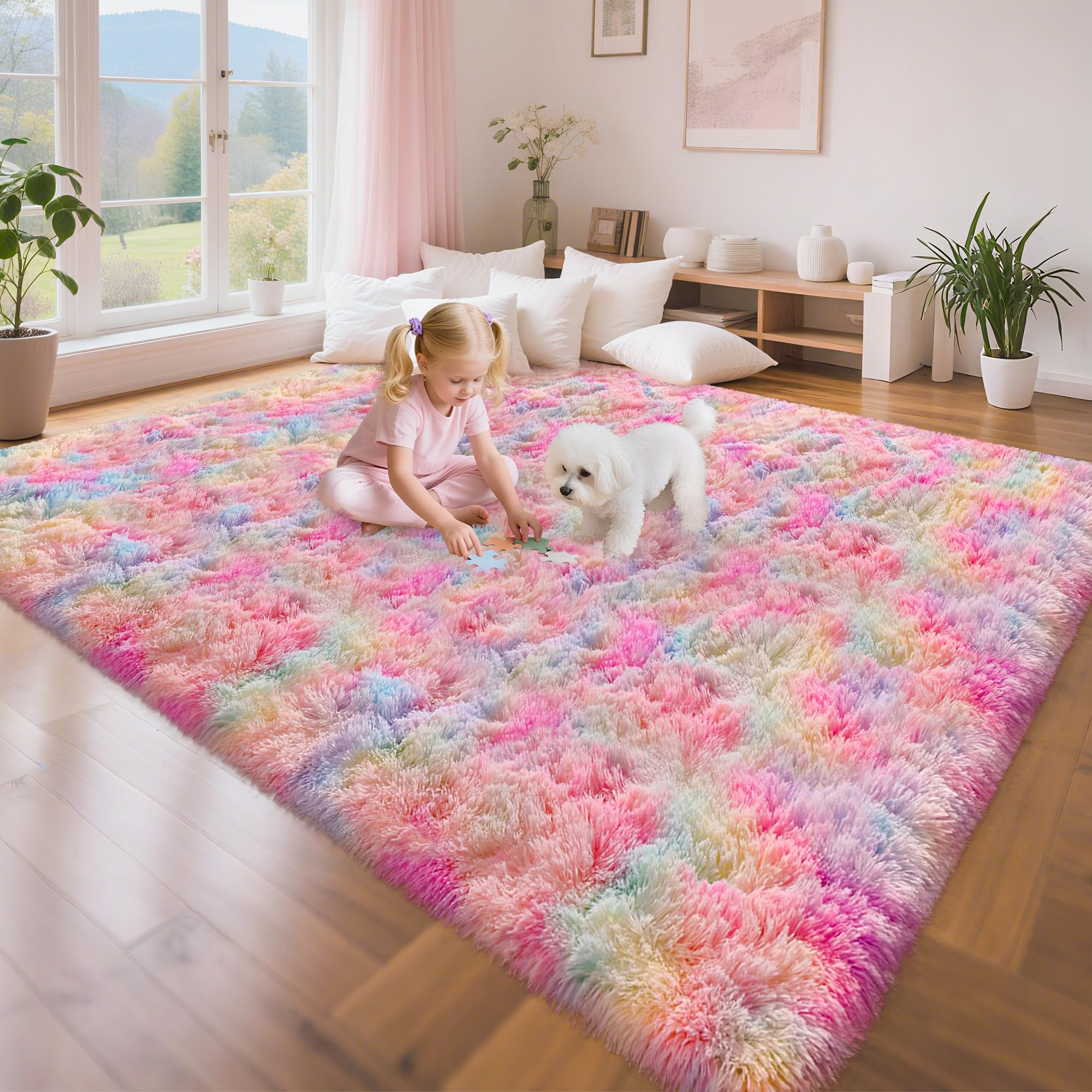 5x8 Ft Light Grey Large Area Rugs for Bedroom,Fluffy Furry Rug Floor Carpets Shaggy Playing Mat for Kids Baby Girls Room Nursery Home Decor Tie Dyed Gray Thick Rugs Fuzzy Home Decor