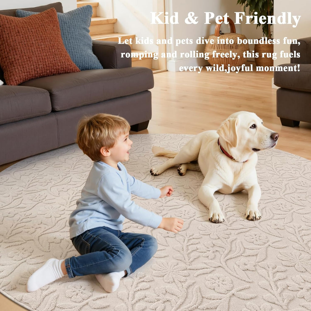 Vaukki Round Rug for Living Room, Soft Fluffy Washable Modern Floral Indoor Floor Mat, Non Slip Shaggy Boho Accent Throw Carpet for Bedroom, Living Room, Nursery and Dining Room, Beige, Round-6Ft