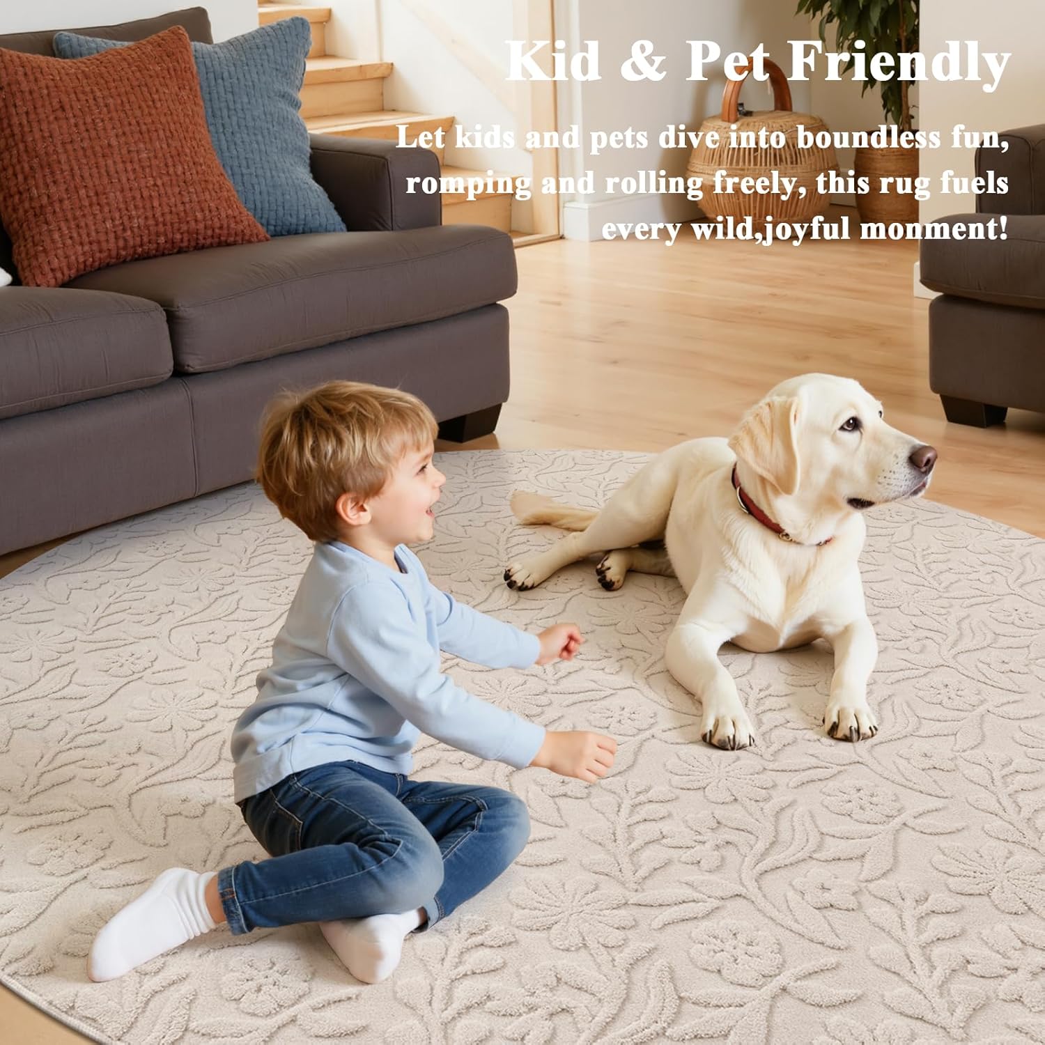 Vaukki Round Rug for Living Room, Soft Fluffy Washable Modern Floral Indoor Floor Mat, Non Slip Shaggy Boho Accent Throw Carpet for Bedroom, Living Room, Nursery and Dining Room, Beige, Round-6Ft