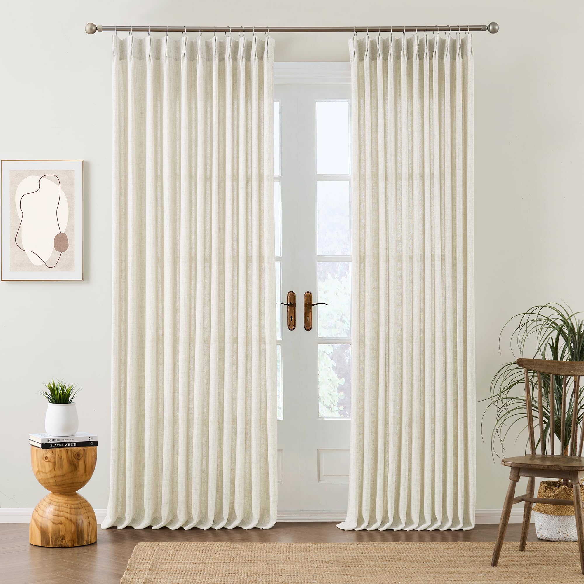 RAIN CITY 102 Inch Curtains Pinch Pleated 2 Panels Set, Back Tab with Hooks Semi Sheer Linen Curtains for Living Room Primitive Window Drapes for Sliding Door Sand Beach Decor 42 Each Wide