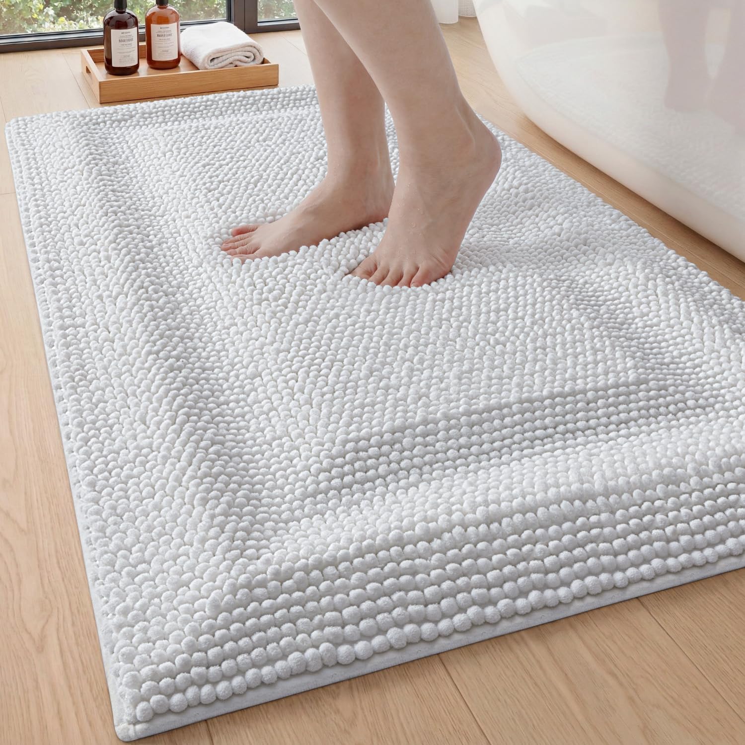 DEXI Bathroom Rugs 24x43, Non Slip Washable Bath Mat, Luxury Chenille Super Absorbent Ultra Thick Bathmats for Shower Floor, Plush Fluffy Shaggy Carpet for Tub, Beige