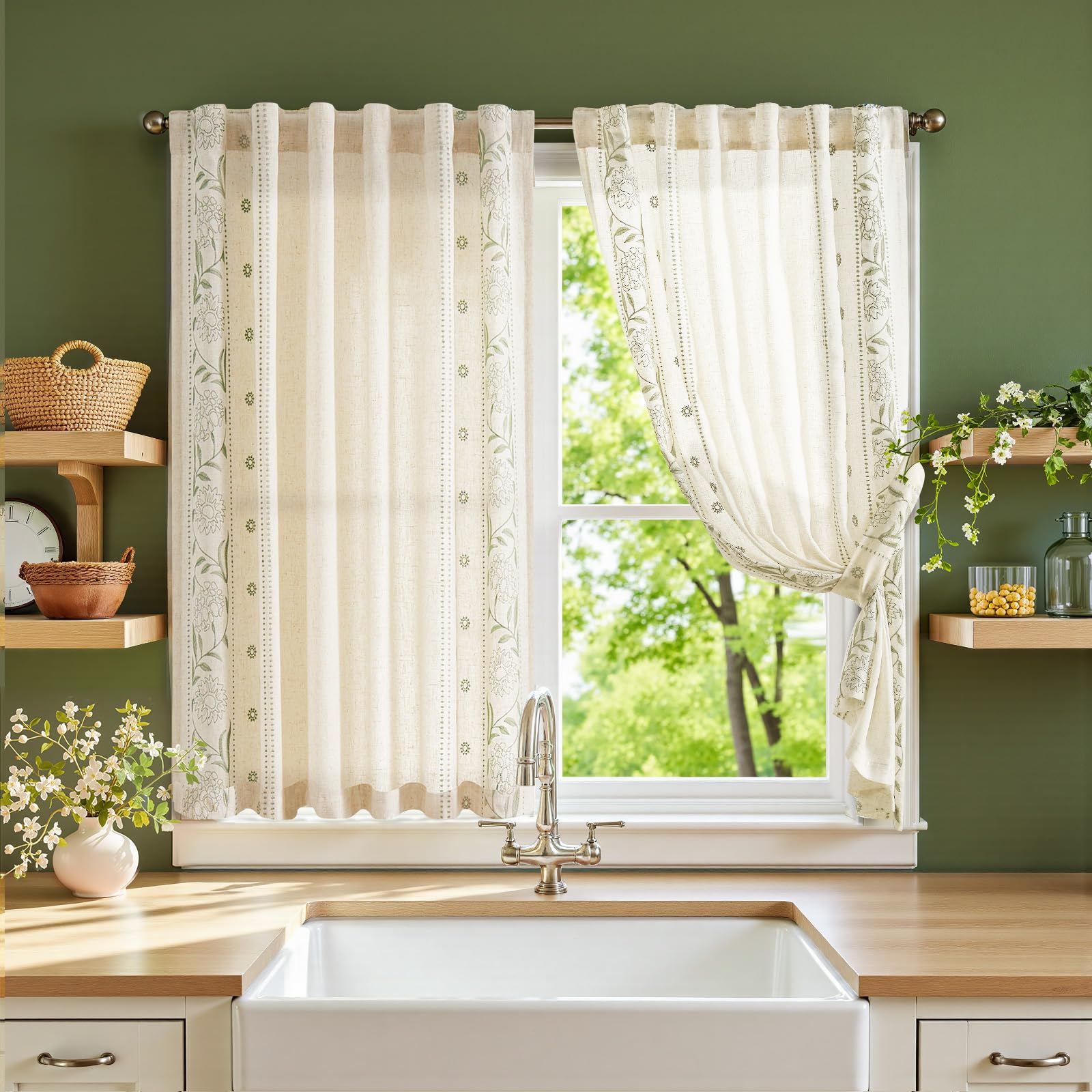 jinchan Winslow Linen Curtains for Bedroom 84 Inches Length Embroidered Bordered Floral Curtains for Living Room Farmhouse Decor Light Filtering Window Treatments Sage on Beige Drapes 2 Panels