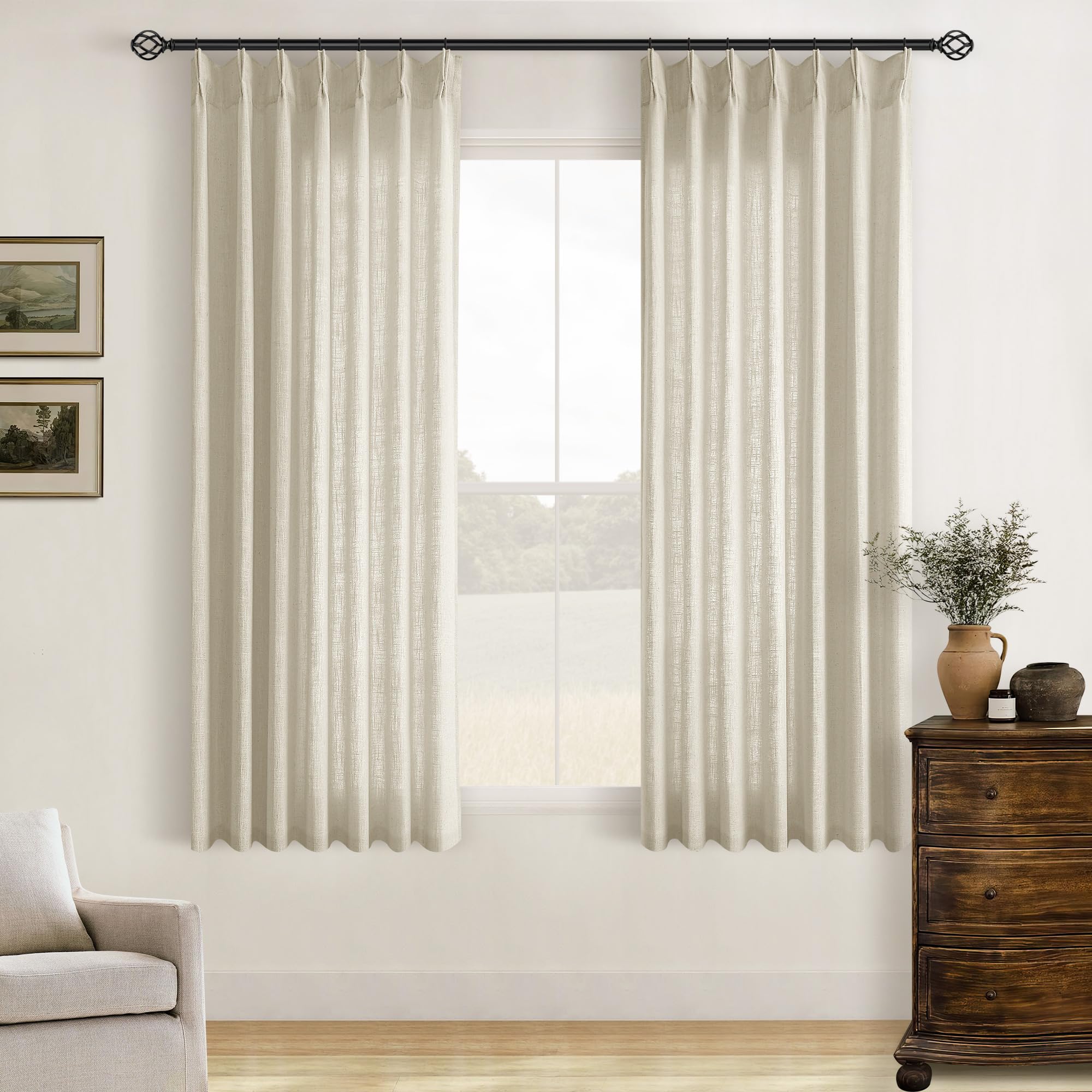 90 Inch Pinch Pleated Linen Curtains 2 Panel Set for Living Room Cream Natural Thick Linen Textured Drapes 90 Inches Long Pinch Pleat Drapes Birch Ivory Semi Sheer Curtain for Dining Bedroom Office