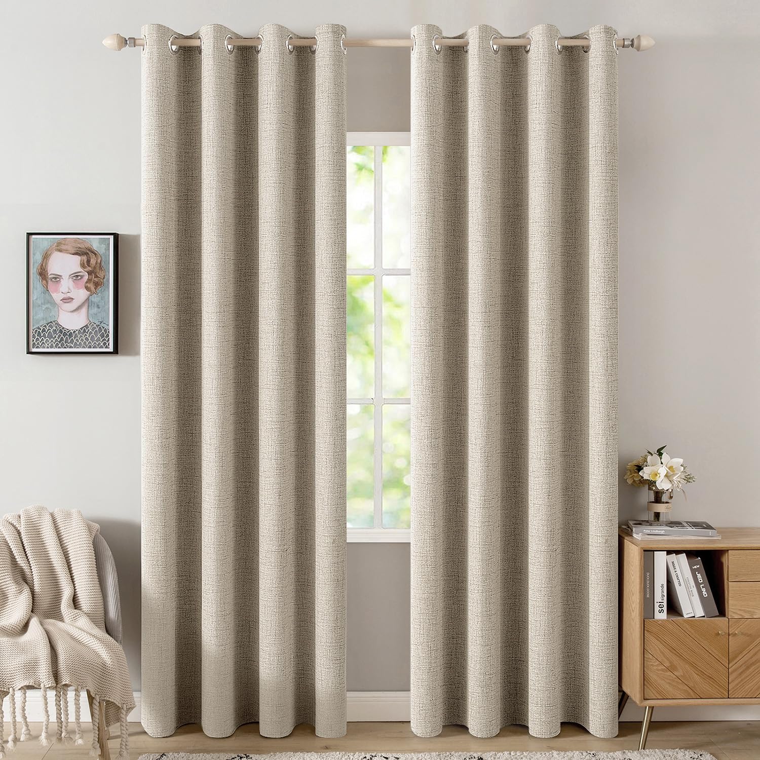 MIULEE 100% Blackout Linen Curtains for Bedroom Thermal Insulated Birch Grommet Room Darkening Curtains & Drapes for Living Room Nursery 52 x 96 Inch (2 Panels)