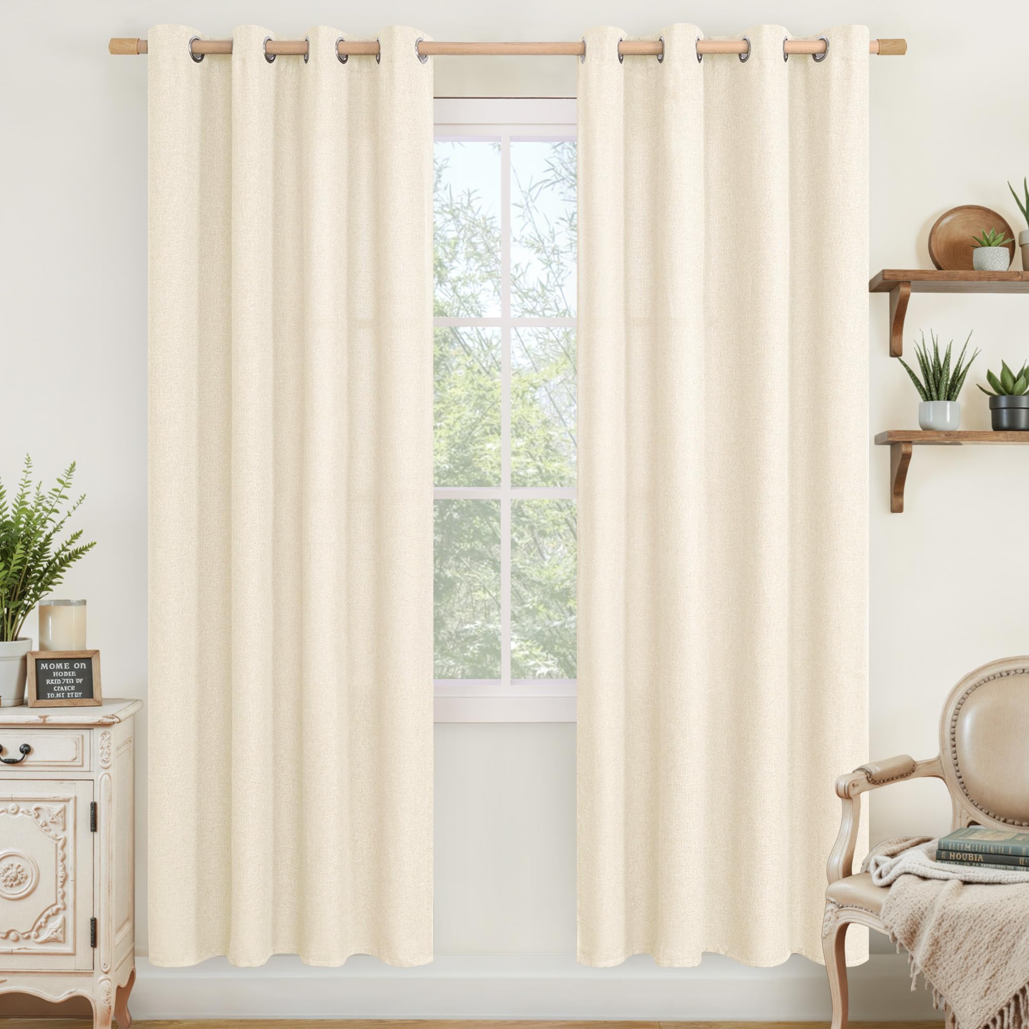 LAMIT Natural Beige Linen Curtains for Bedroom, 84 inches Grommet Thermal Insulated Thick Burlap Farmhouse Neutral Curtains Noise Reducing Light Filtering Drapes for Living Room, 2 Panels, W60 x L84